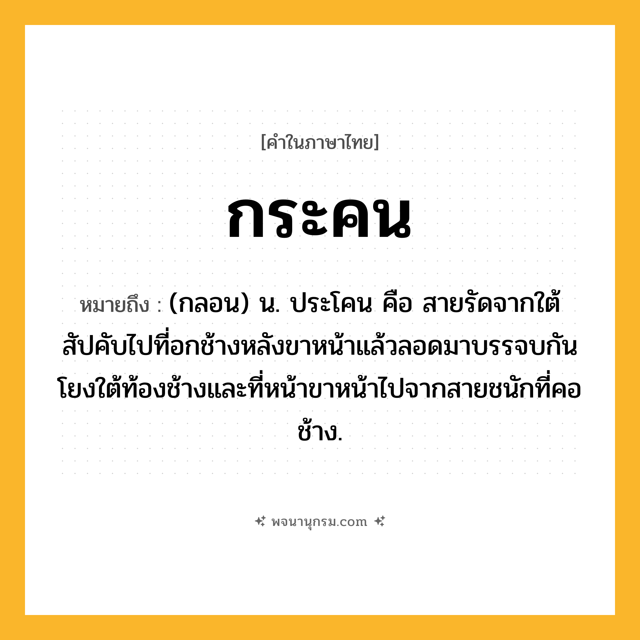 กระคน ความหมาย หมายถึงอะไร?, คำในภาษาไทย กระคน หมายถึง (กลอน) น. ประโคน คือ สายรัดจากใต้สัปคับไปที่อกช้างหลังขาหน้าแล้วลอดมาบรรจบกัน โยงใต้ท้องช้างและที่หน้าขาหน้าไปจากสายชนักที่คอช้าง.