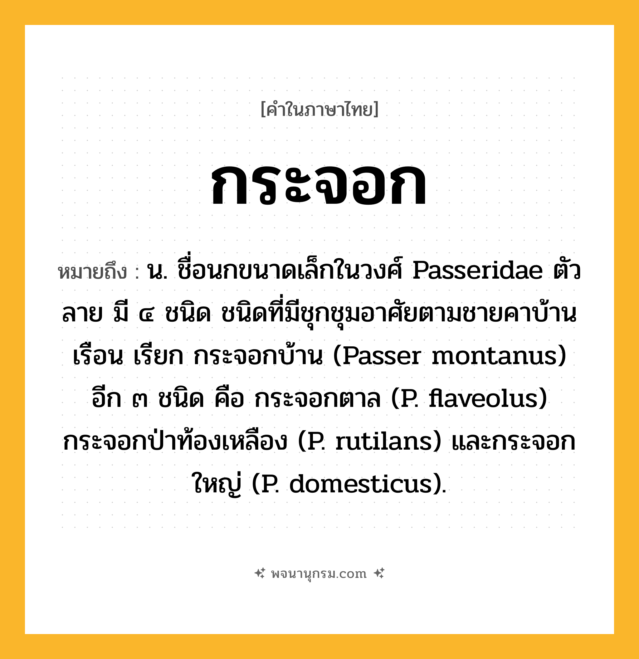 กระจอก ความหมาย หมายถึงอะไร?, คำในภาษาไทย กระจอก หมายถึง น. ชื่อนกขนาดเล็กในวงศ์ Passeridae ตัวลาย มี ๔ ชนิด ชนิดที่มีชุกชุมอาศัยตามชายคาบ้านเรือน เรียก กระจอกบ้าน (Passer montanus) อีก ๓ ชนิด คือ กระจอกตาล (P. flaveolus) กระจอกป่าท้องเหลือง (P. rutilans) และกระจอกใหญ่ (P. domesticus).