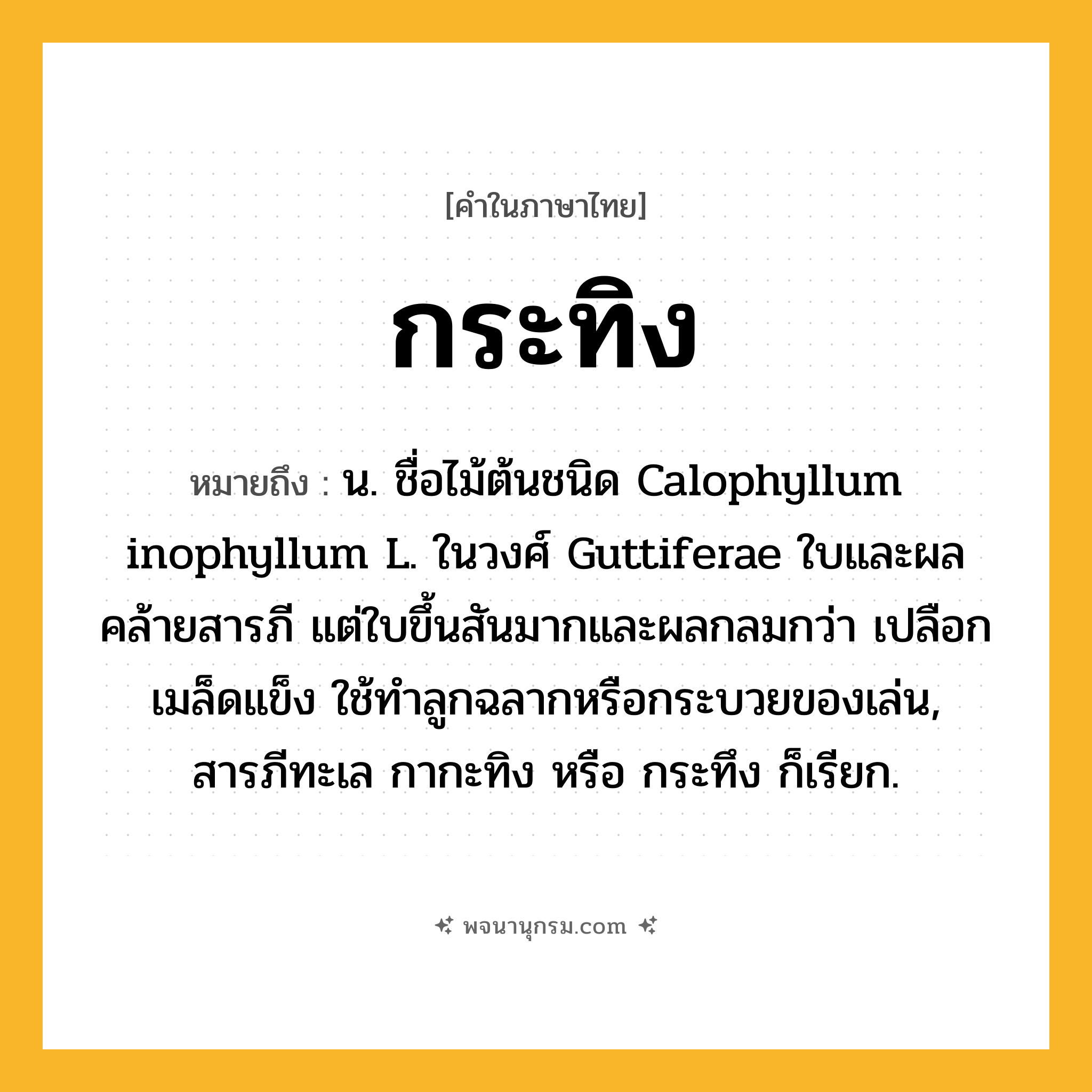 กระทิง ความหมาย หมายถึงอะไร?, คำในภาษาไทย กระทิง หมายถึง น. ชื่อไม้ต้นชนิด Calophyllum inophyllum L. ในวงศ์ Guttiferae ใบและผลคล้ายสารภี แต่ใบขึ้นสันมากและผลกลมกว่า เปลือกเมล็ดแข็ง ใช้ทําลูกฉลากหรือกระบวยของเล่น, สารภีทะเล กากะทิง หรือ กระทึง ก็เรียก.
