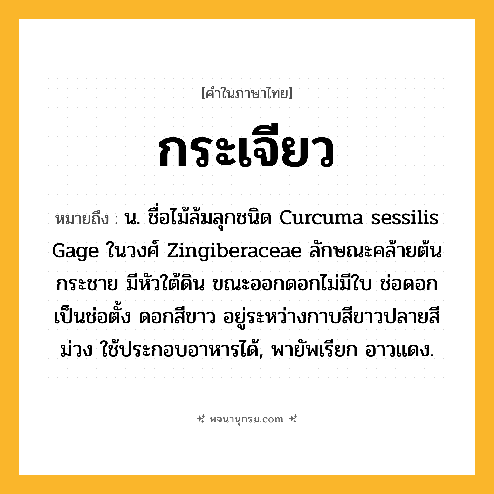 กระเจียว ความหมาย หมายถึงอะไร?, คำในภาษาไทย กระเจียว หมายถึง น. ชื่อไม้ล้มลุกชนิด Curcuma sessilis Gage ในวงศ์ Zingiberaceae ลักษณะคล้ายต้นกระชาย มีหัวใต้ดิน ขณะออกดอกไม่มีใบ ช่อดอกเป็นช่อตั้ง ดอกสีขาว อยู่ระหว่างกาบสีขาวปลายสีม่วง ใช้ประกอบอาหารได้, พายัพเรียก อาวแดง.