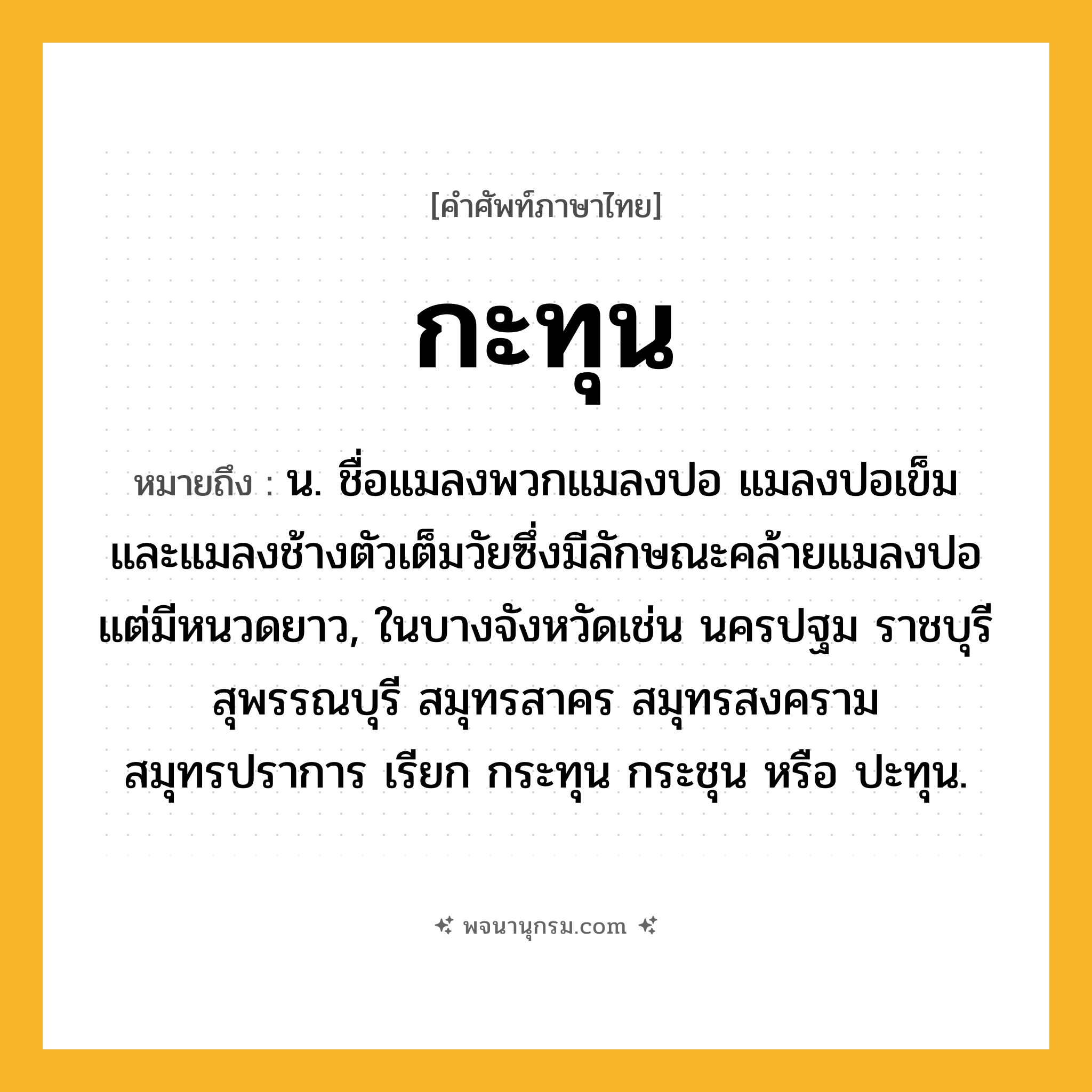 กะทุน ความหมาย หมายถึงอะไร?, คำในภาษาไทย กะทุน หมายถึง น. ชื่อแมลงพวกแมลงปอ แมลงปอเข็ม และแมลงช้างตัวเต็มวัยซึ่งมีลักษณะคล้ายแมลงปอ แต่มีหนวดยาว, ในบางจังหวัดเช่น นครปฐม ราชบุรี สุพรรณบุรี สมุทรสาคร สมุทรสงคราม สมุทรปราการ เรียก กระทุน กระชุน หรือ ปะทุน.