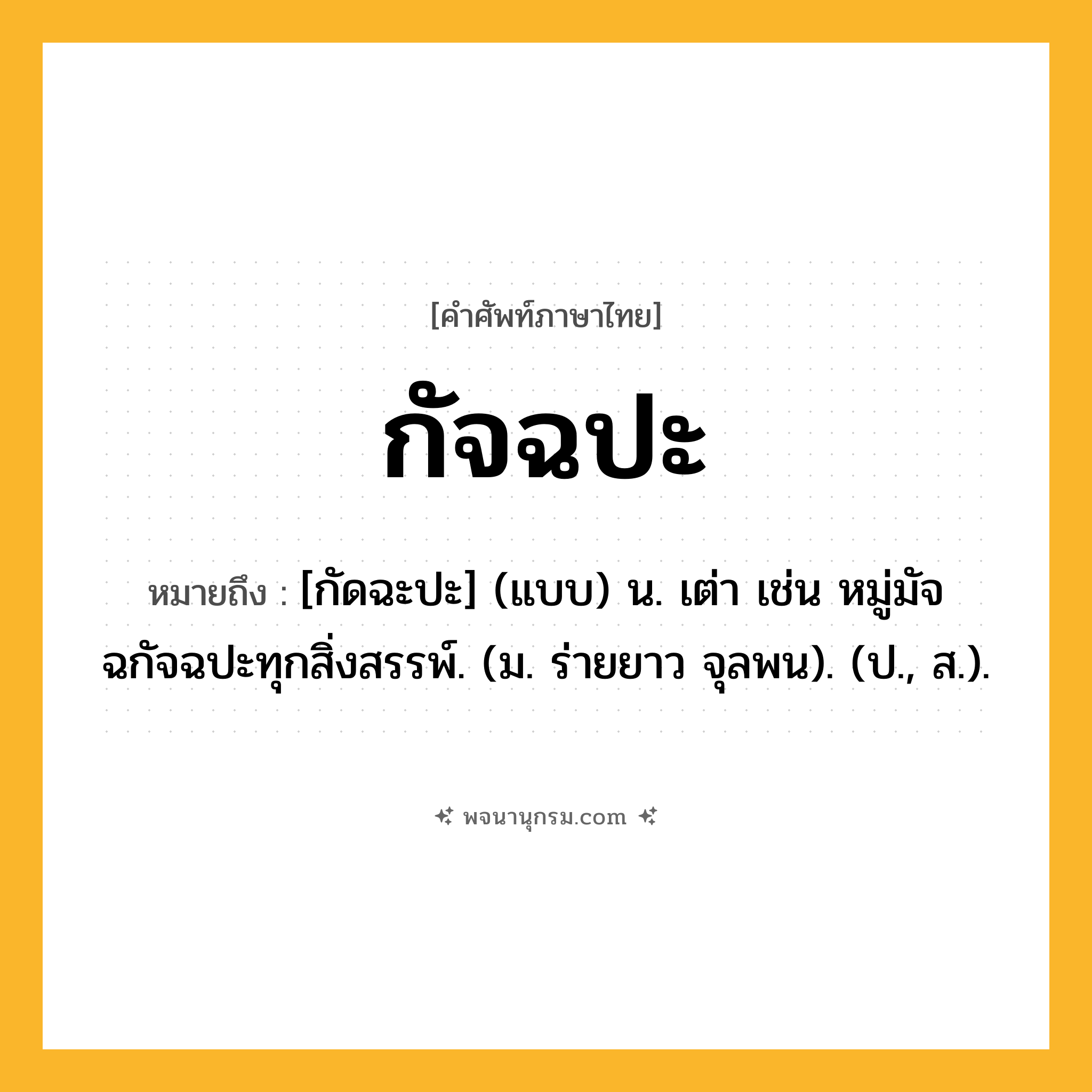 กัจฉปะ ความหมาย หมายถึงอะไร?, คำในภาษาไทย กัจฉปะ หมายถึง [กัดฉะปะ] (แบบ) น. เต่า เช่น หมู่มัจฉกัจฉปะทุกสิ่งสรรพ์. (ม. ร่ายยาว จุลพน). (ป., ส.).