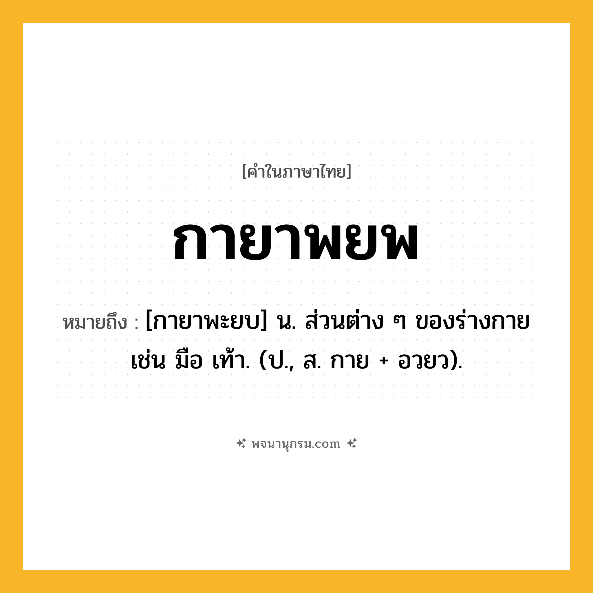 กายาพยพ ความหมาย หมายถึงอะไร?, คำในภาษาไทย กายาพยพ หมายถึง [กายาพะยบ] น. ส่วนต่าง ๆ ของร่างกาย เช่น มือ เท้า. (ป., ส. กาย + อวยว).
