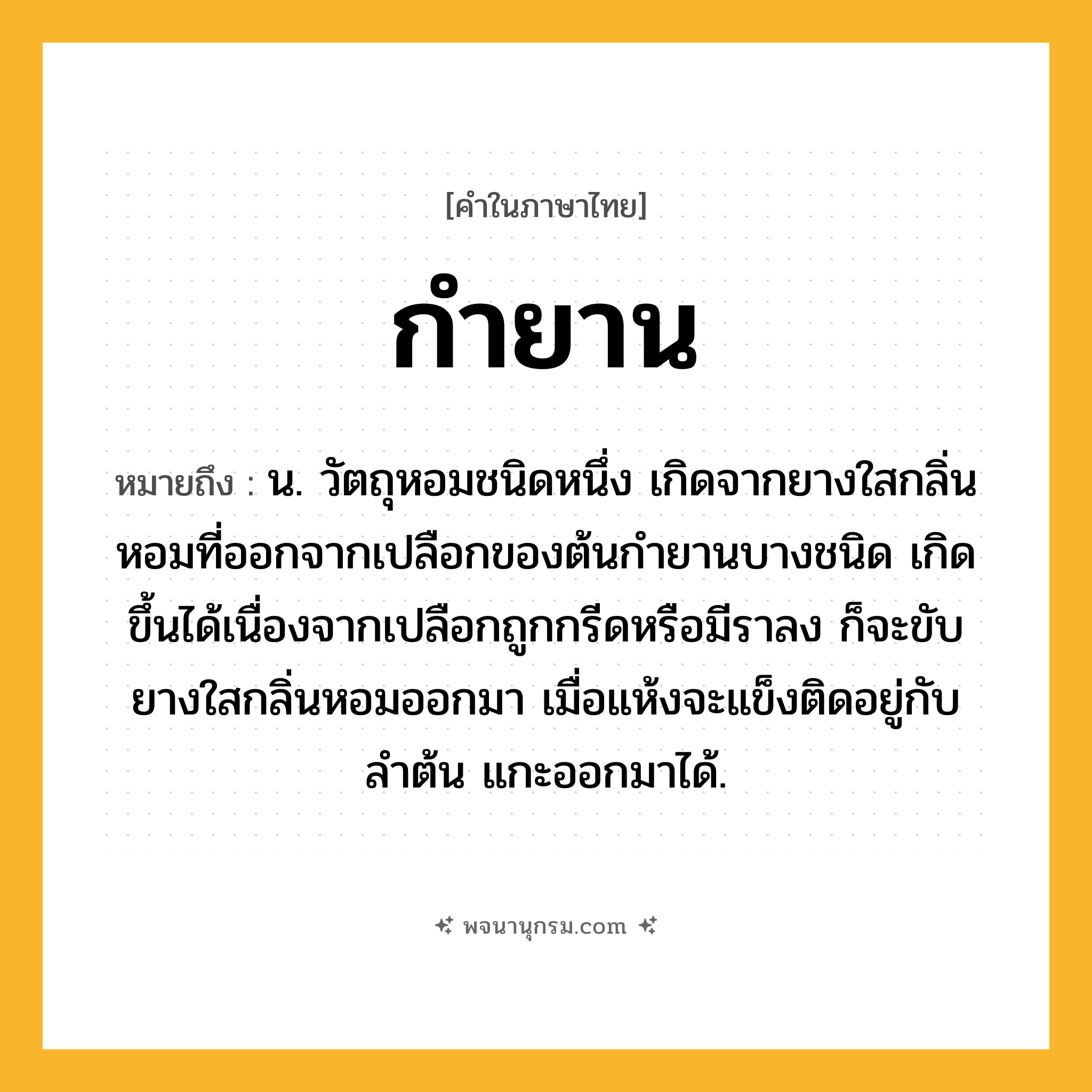 กำยาน ความหมาย หมายถึงอะไร?, คำในภาษาไทย กำยาน หมายถึง น. วัตถุหอมชนิดหนึ่ง เกิดจากยางใสกลิ่นหอมที่ออกจากเปลือกของต้นกำยานบางชนิด เกิดขึ้นได้เนื่องจากเปลือกถูกกรีดหรือมีราลง ก็จะขับยางใสกลิ่นหอมออกมา เมื่อแห้งจะแข็งติดอยู่กับลำต้น แกะออกมาได้.