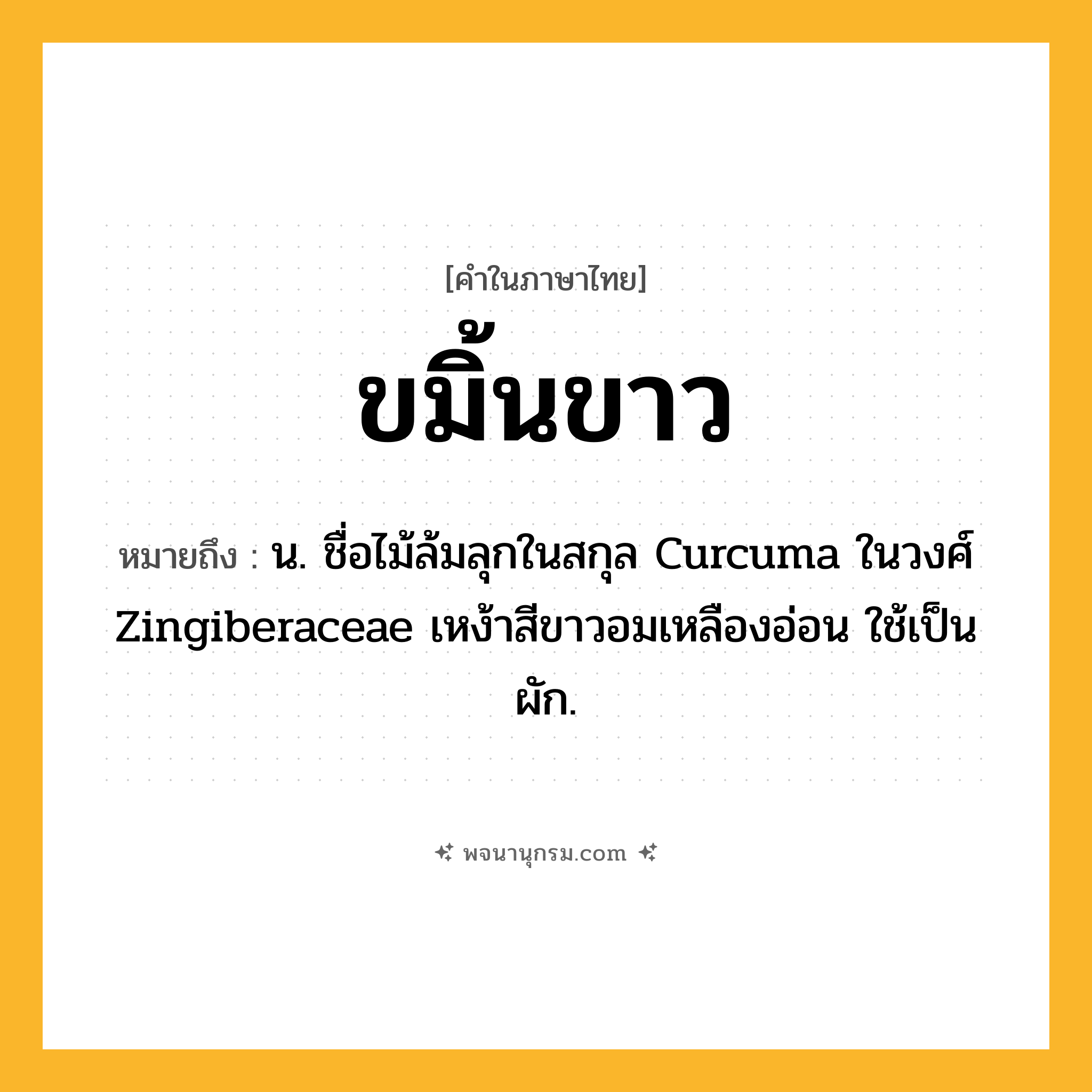 ขมิ้นขาว ความหมาย หมายถึงอะไร?, คำในภาษาไทย ขมิ้นขาว หมายถึง น. ชื่อไม้ล้มลุกในสกุล Curcuma ในวงศ์ Zingiberaceae เหง้าสีขาวอมเหลืองอ่อน ใช้เป็นผัก.