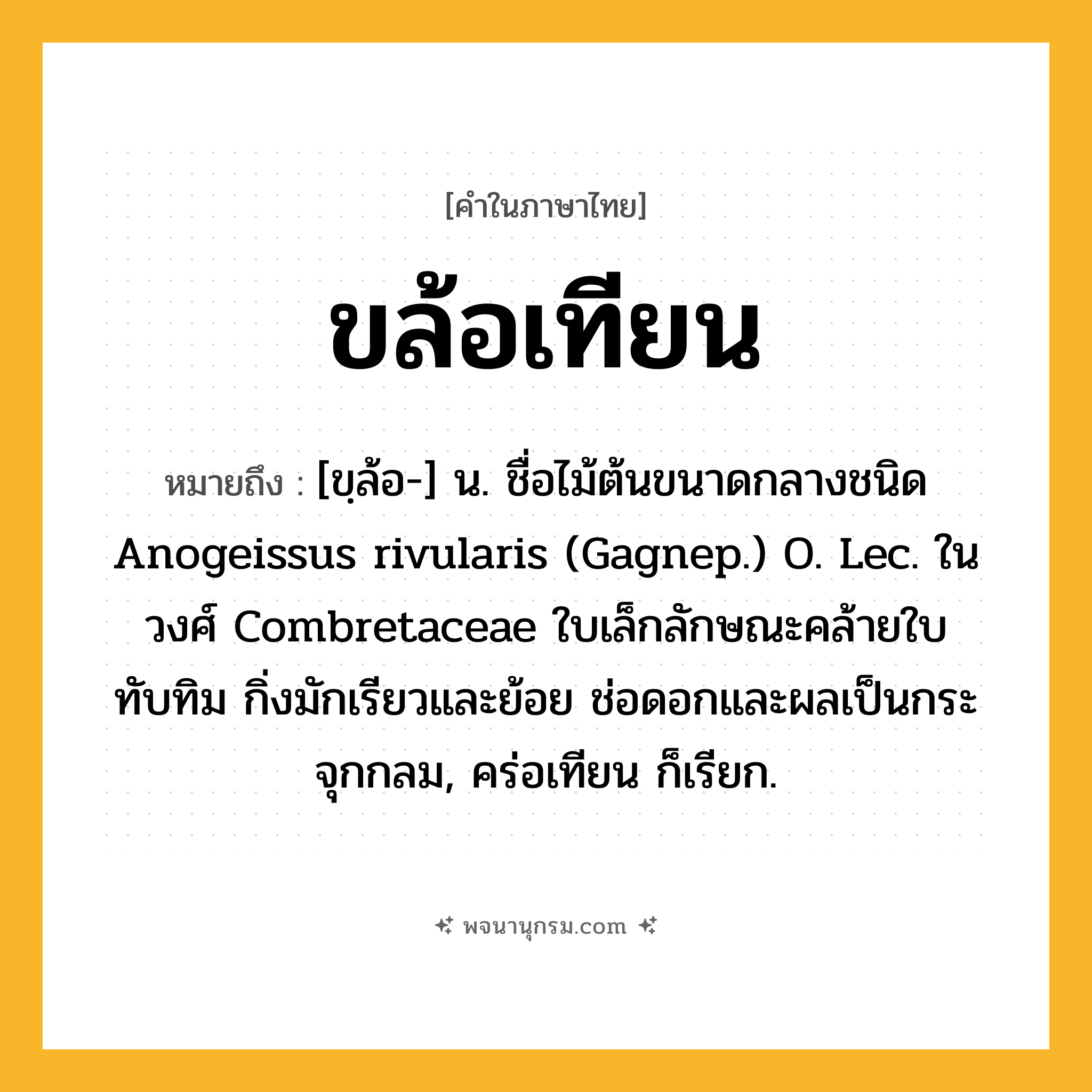 ขล้อเทียน ความหมาย หมายถึงอะไร?, คำในภาษาไทย ขล้อเทียน หมายถึง [ขฺล้อ-] น. ชื่อไม้ต้นขนาดกลางชนิด Anogeissus rivularis (Gagnep.) O. Lec. ในวงศ์ Combretaceae ใบเล็กลักษณะคล้ายใบทับทิม กิ่งมักเรียวและย้อย ช่อดอกและผลเป็นกระจุกกลม, คร่อเทียน ก็เรียก.