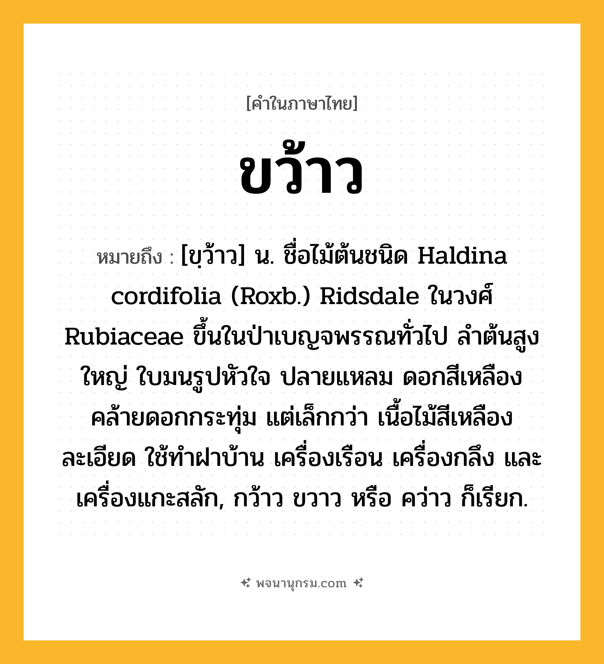 ขว้าว ความหมาย หมายถึงอะไร?, คำในภาษาไทย ขว้าว หมายถึง [ขฺว้าว] น. ชื่อไม้ต้นชนิด Haldina cordifolia (Roxb.) Ridsdale ในวงศ์ Rubiaceae ขึ้นในป่าเบญจพรรณทั่วไป ลําต้นสูงใหญ่ ใบมนรูปหัวใจ ปลายแหลม ดอกสีเหลือง คล้ายดอกกระทุ่ม แต่เล็กกว่า เนื้อไม้สีเหลือง ละเอียด ใช้ทําฝาบ้าน เครื่องเรือน เครื่องกลึง และเครื่องแกะสลัก, กว้าว ขวาว หรือ คว่าว ก็เรียก.
