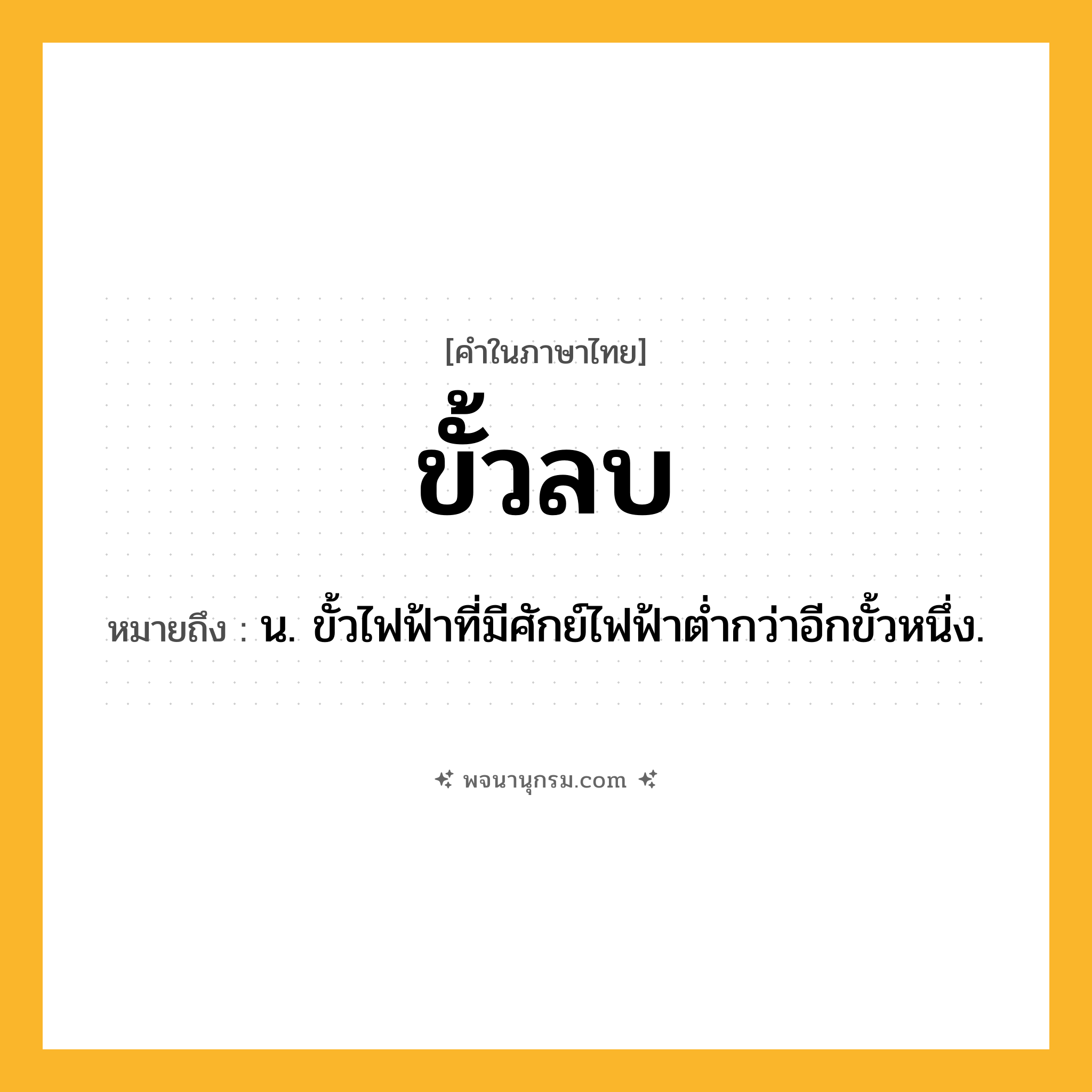 ขั้วลบ ความหมาย หมายถึงอะไร?, คำในภาษาไทย ขั้วลบ หมายถึง น. ขั้วไฟฟ้าที่มีศักย์ไฟฟ้าตํ่ากว่าอีกขั้วหนึ่ง.