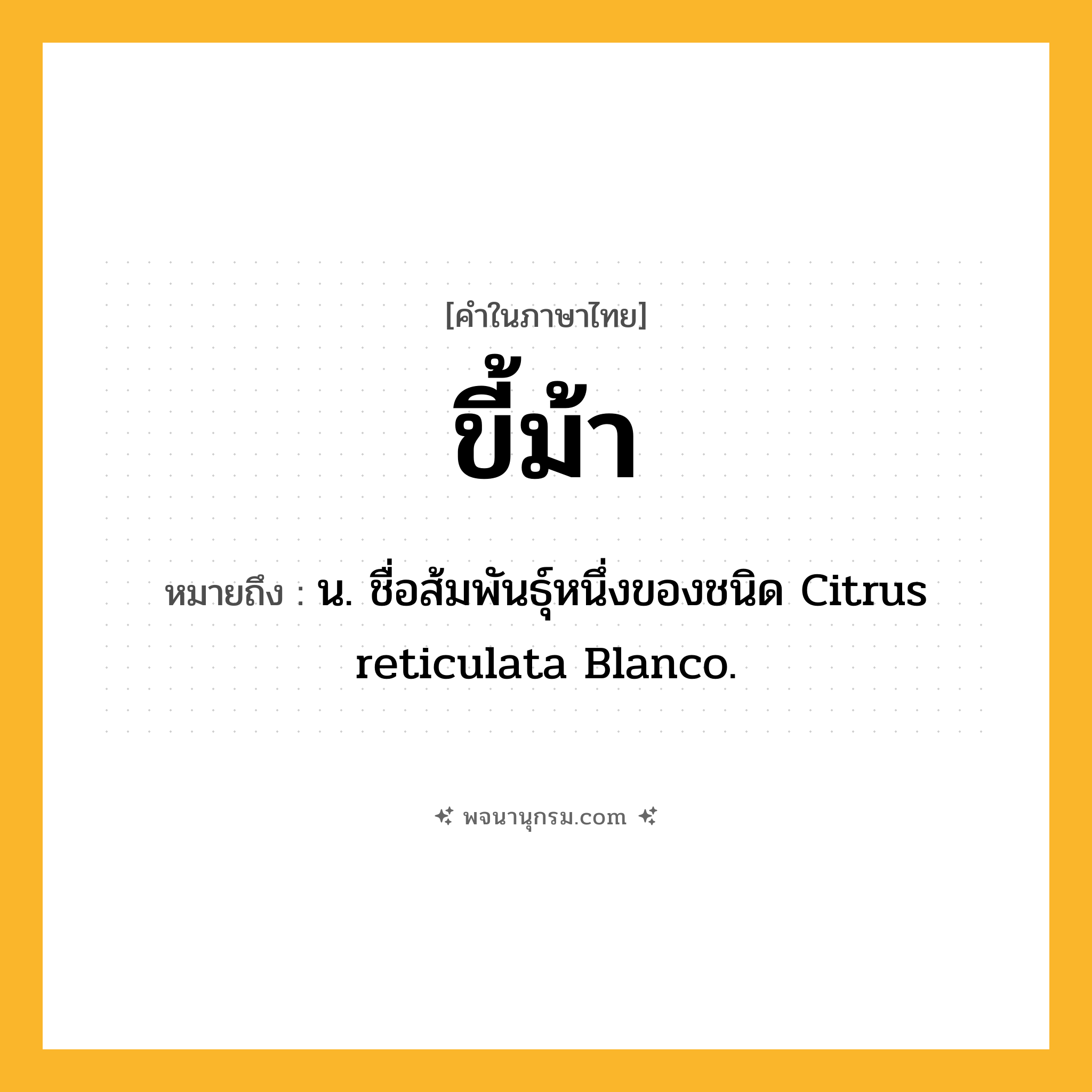 ขี้ม้า ความหมาย หมายถึงอะไร?, คำในภาษาไทย ขี้ม้า หมายถึง น. ชื่อส้มพันธุ์หนึ่งของชนิด Citrus reticulata Blanco.