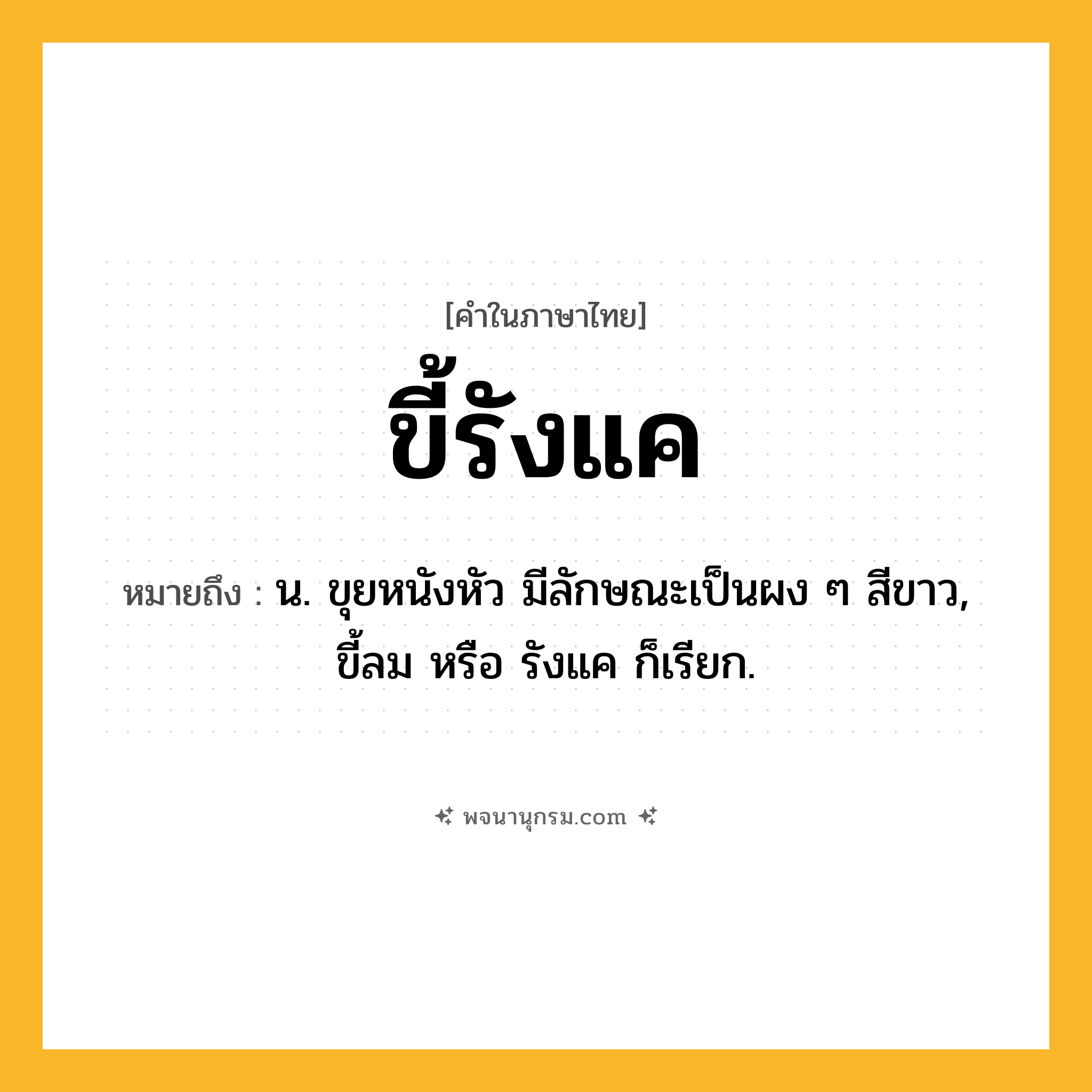ขี้รังแค ความหมาย หมายถึงอะไร?, คำในภาษาไทย ขี้รังแค หมายถึง น. ขุยหนังหัว มีลักษณะเป็นผง ๆ สีขาว, ขี้ลม หรือ รังแค ก็เรียก.