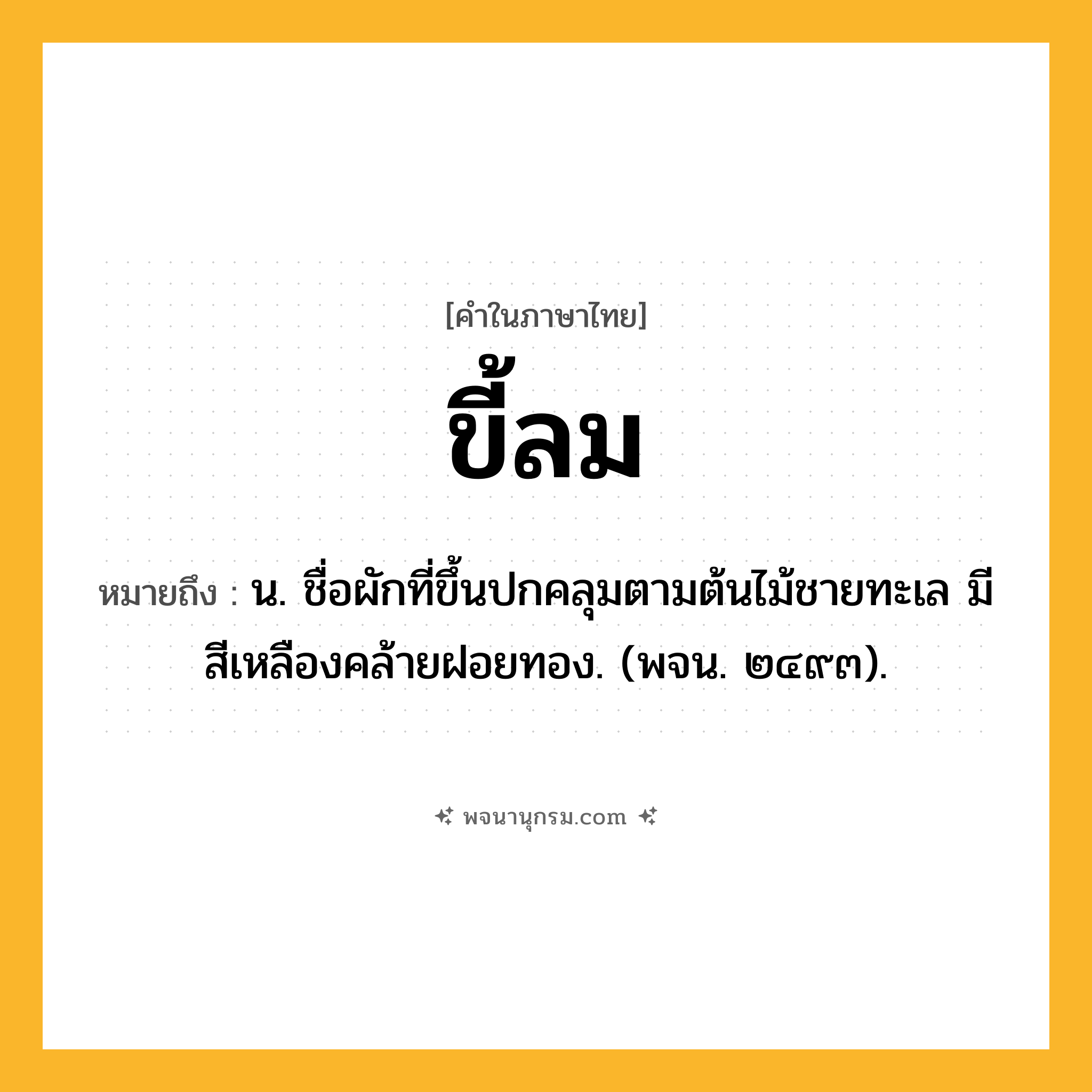 ขี้ลม ความหมาย หมายถึงอะไร?, คำในภาษาไทย ขี้ลม หมายถึง น. ชื่อผักที่ขึ้นปกคลุมตามต้นไม้ชายทะเล มีสีเหลืองคล้ายฝอยทอง. (พจน. ๒๔๙๓).
