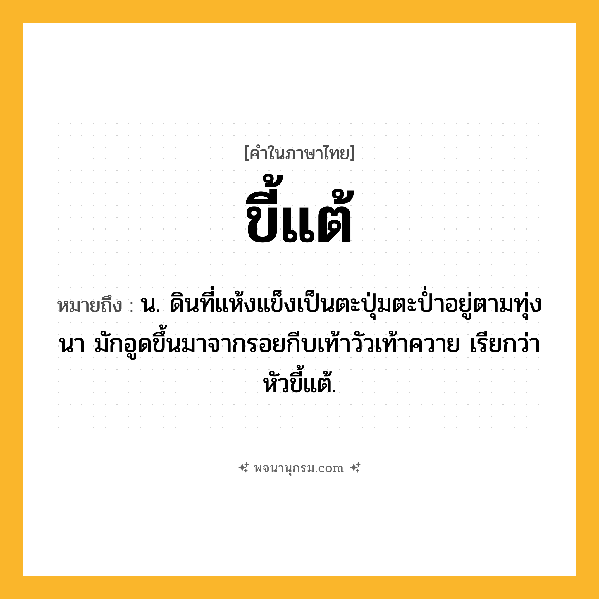 ขี้แต้ ความหมาย หมายถึงอะไร?, คำในภาษาไทย ขี้แต้ หมายถึง น. ดินที่แห้งแข็งเป็นตะปุ่มตะป่ำอยู่ตามทุ่งนา มักอูดขึ้นมาจากรอยกีบเท้าวัวเท้าควาย เรียกว่า หัวขี้แต้.