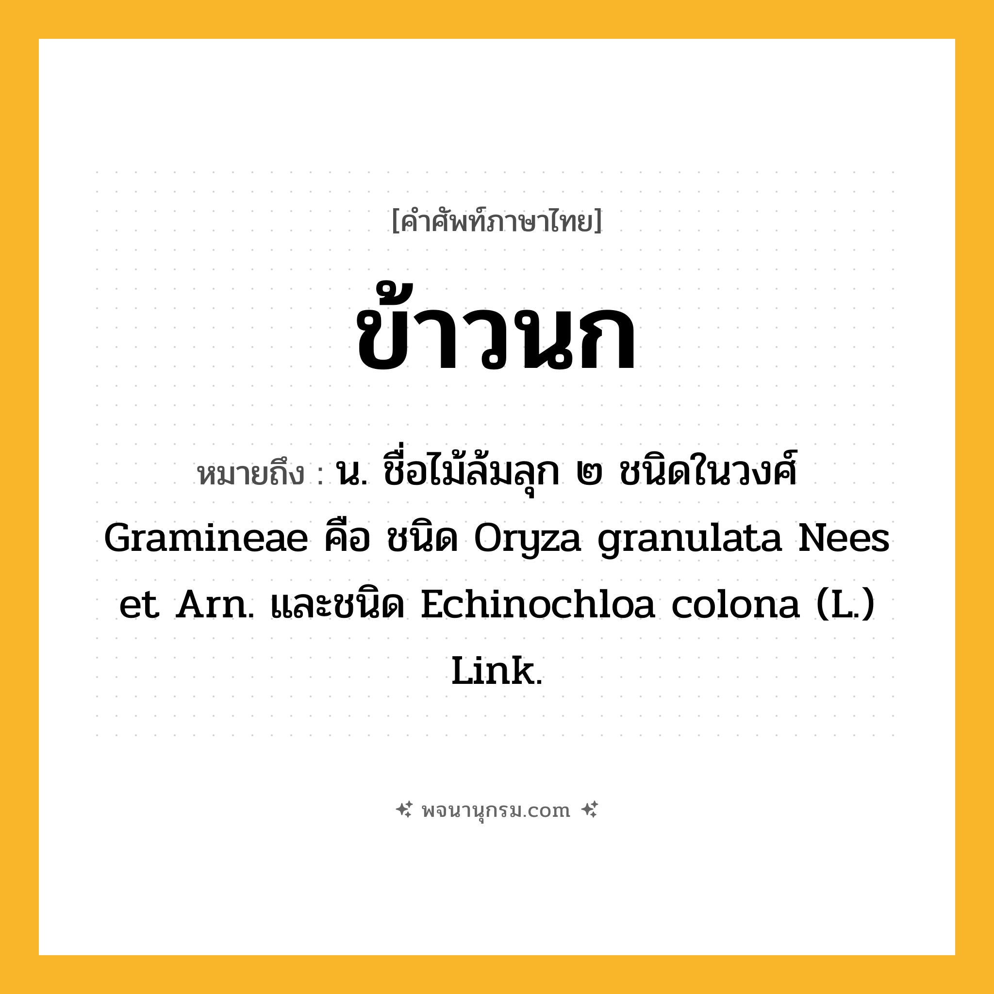 ข้าวนก ความหมาย หมายถึงอะไร?, คำในภาษาไทย ข้าวนก หมายถึง น. ชื่อไม้ล้มลุก ๒ ชนิดในวงศ์ Gramineae คือ ชนิด Oryza granulata Nees et Arn. และชนิด Echinochloa colona (L.) Link.