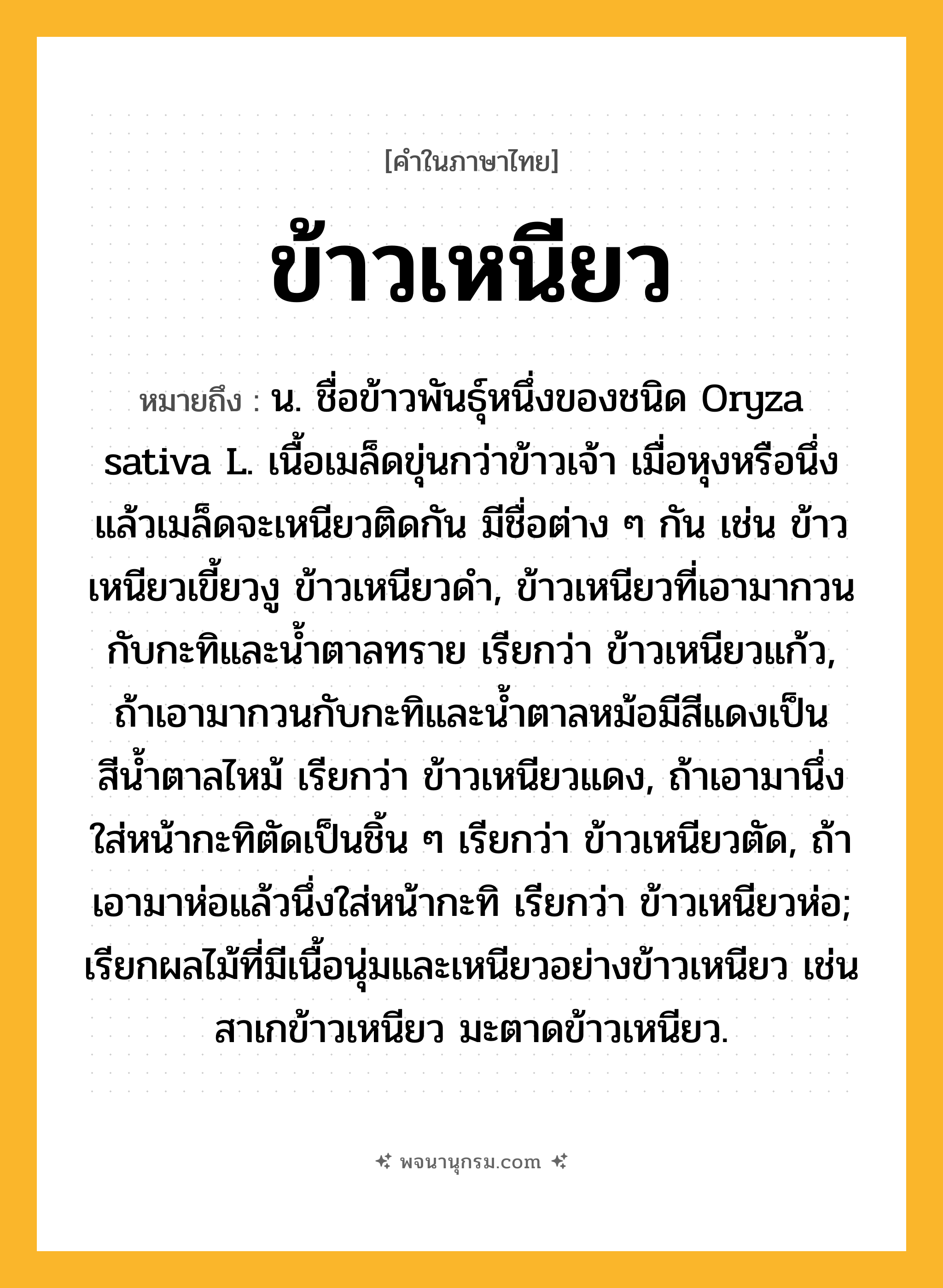 ข้าวเหนียว ความหมาย หมายถึงอะไร?, คำในภาษาไทย ข้าวเหนียว หมายถึง น. ชื่อข้าวพันธุ์หนึ่งของชนิด Oryza sativa L. เนื้อเมล็ดขุ่นกว่าข้าวเจ้า เมื่อหุงหรือนึ่งแล้วเมล็ดจะเหนียวติดกัน มีชื่อต่าง ๆ กัน เช่น ข้าวเหนียวเขี้ยวงู ข้าวเหนียวดํา, ข้าวเหนียวที่เอามากวนกับกะทิและนํ้าตาลทราย เรียกว่า ข้าวเหนียวแก้ว, ถ้าเอามากวนกับกะทิและนํ้าตาลหม้อมีสีแดงเป็นสีนํ้าตาลไหม้ เรียกว่า ข้าวเหนียวแดง, ถ้าเอามานึ่งใส่หน้ากะทิตัดเป็นชิ้น ๆ เรียกว่า ข้าวเหนียวตัด, ถ้าเอามาห่อแล้วนึ่งใส่หน้ากะทิ เรียกว่า ข้าวเหนียวห่อ; เรียกผลไม้ที่มีเนื้อนุ่มและเหนียวอย่างข้าวเหนียว เช่น สาเกข้าวเหนียว มะตาดข้าวเหนียว.