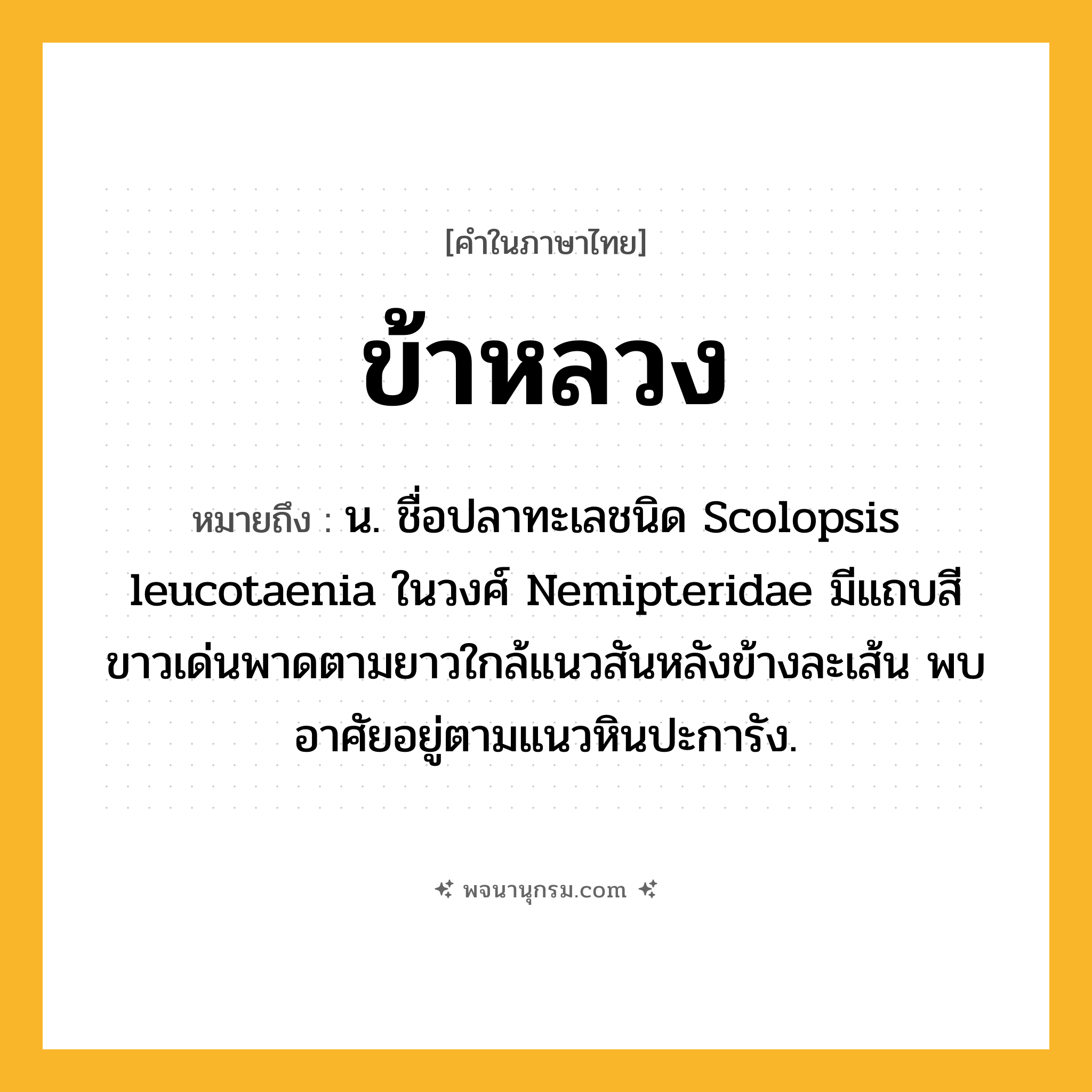 ข้าหลวง ความหมาย หมายถึงอะไร?, คำในภาษาไทย ข้าหลวง หมายถึง น. ชื่อปลาทะเลชนิด Scolopsis leucotaenia ในวงศ์ Nemipteridae มีแถบสีขาวเด่นพาดตามยาวใกล้แนวสันหลังข้างละเส้น พบอาศัยอยู่ตามแนวหินปะการัง.