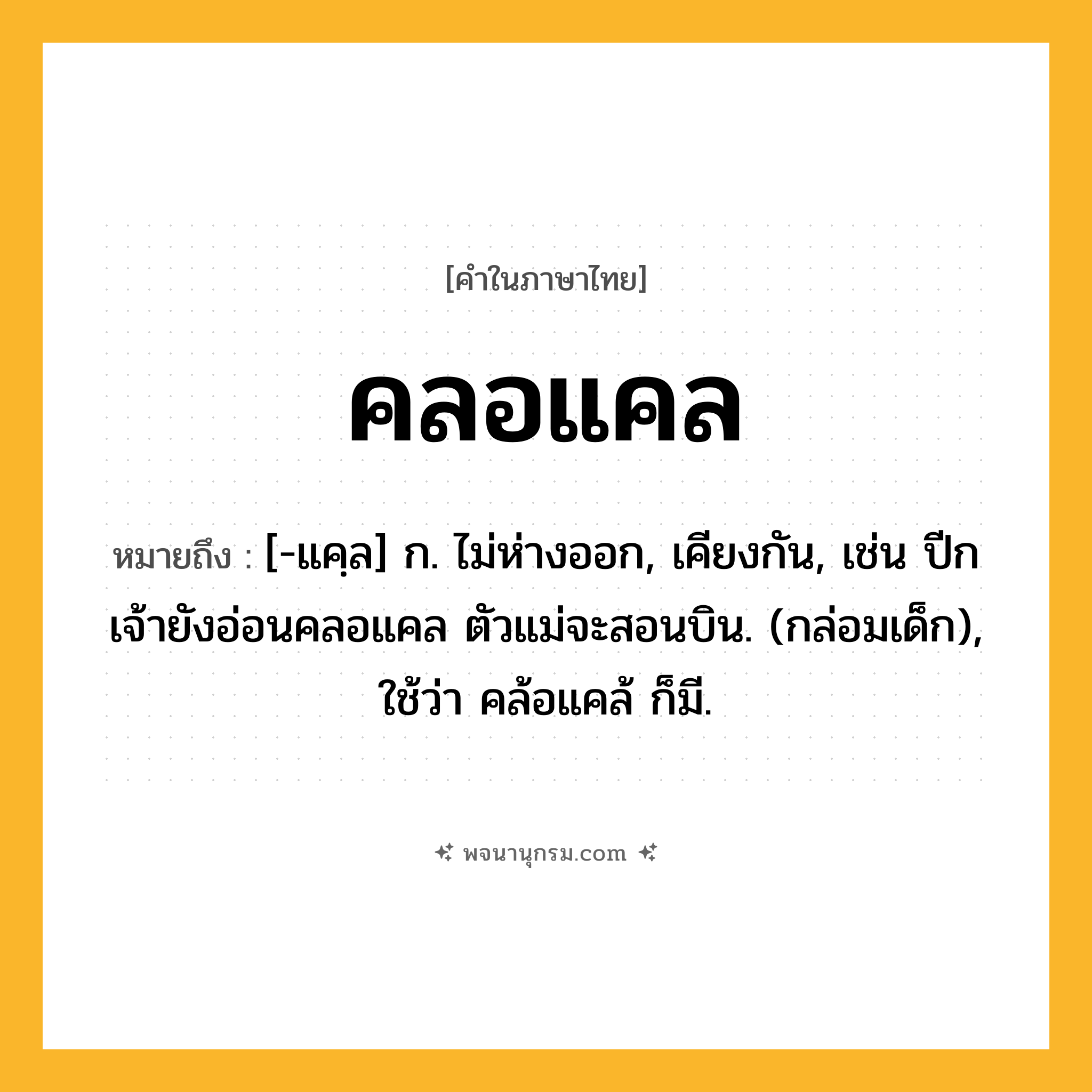 คลอแคล ความหมาย หมายถึงอะไร?, คำในภาษาไทย คลอแคล หมายถึง [-แคฺล] ก. ไม่ห่างออก, เคียงกัน, เช่น ปีกเจ้ายังอ่อนคลอแคล ตัวแม่จะสอนบิน. (กล่อมเด็ก), ใช้ว่า คล้อแคล้ ก็มี.