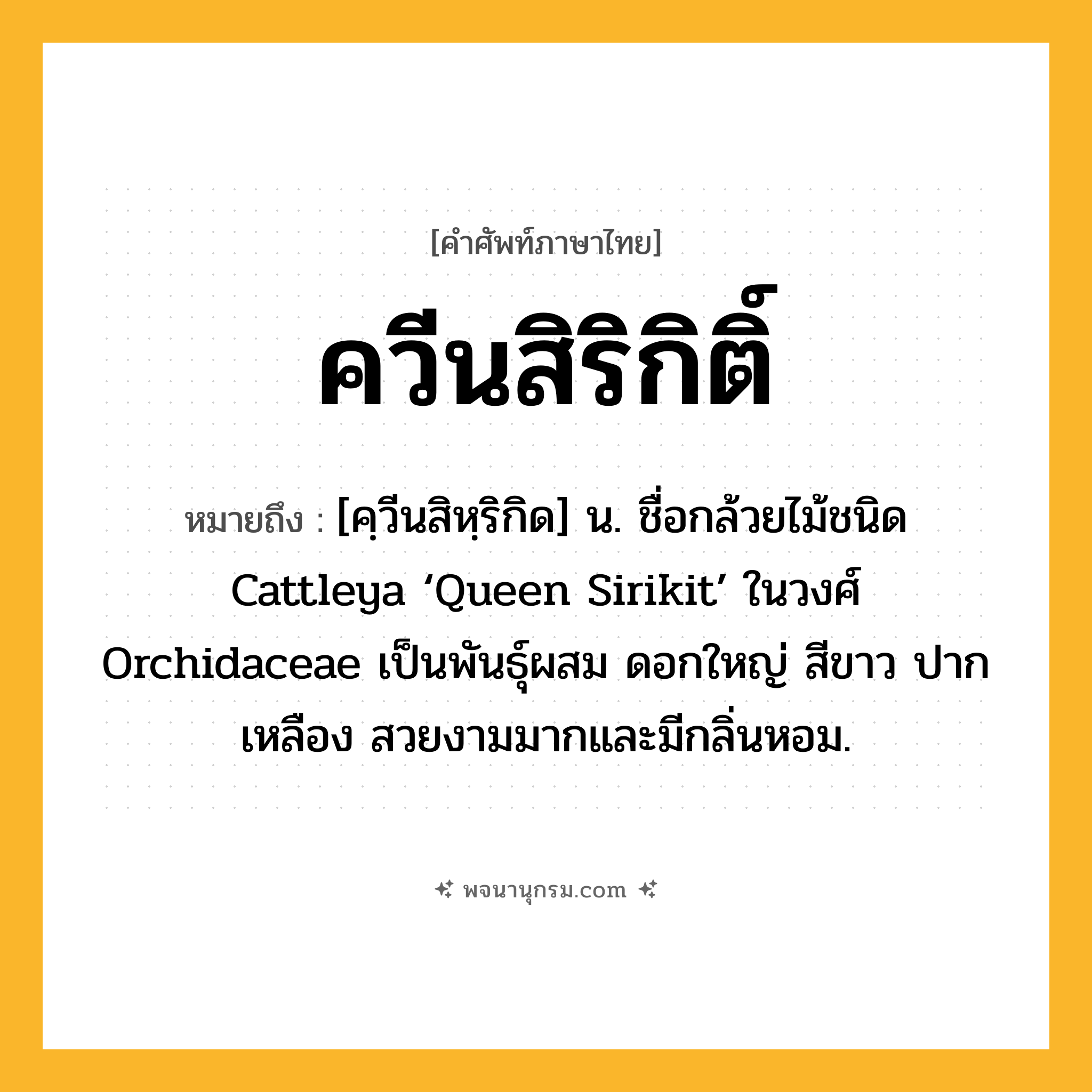 ควีนสิริกิติ์ ความหมาย หมายถึงอะไร?, คำในภาษาไทย ควีนสิริกิติ์ หมายถึง [คฺวีนสิหฺริกิด] น. ชื่อกล้วยไม้ชนิด Cattleya ‘Queen Sirikit’ ในวงศ์ Orchidaceae เป็นพันธุ์ผสม ดอกใหญ่ สีขาว ปากเหลือง สวยงามมากและมีกลิ่นหอม.
