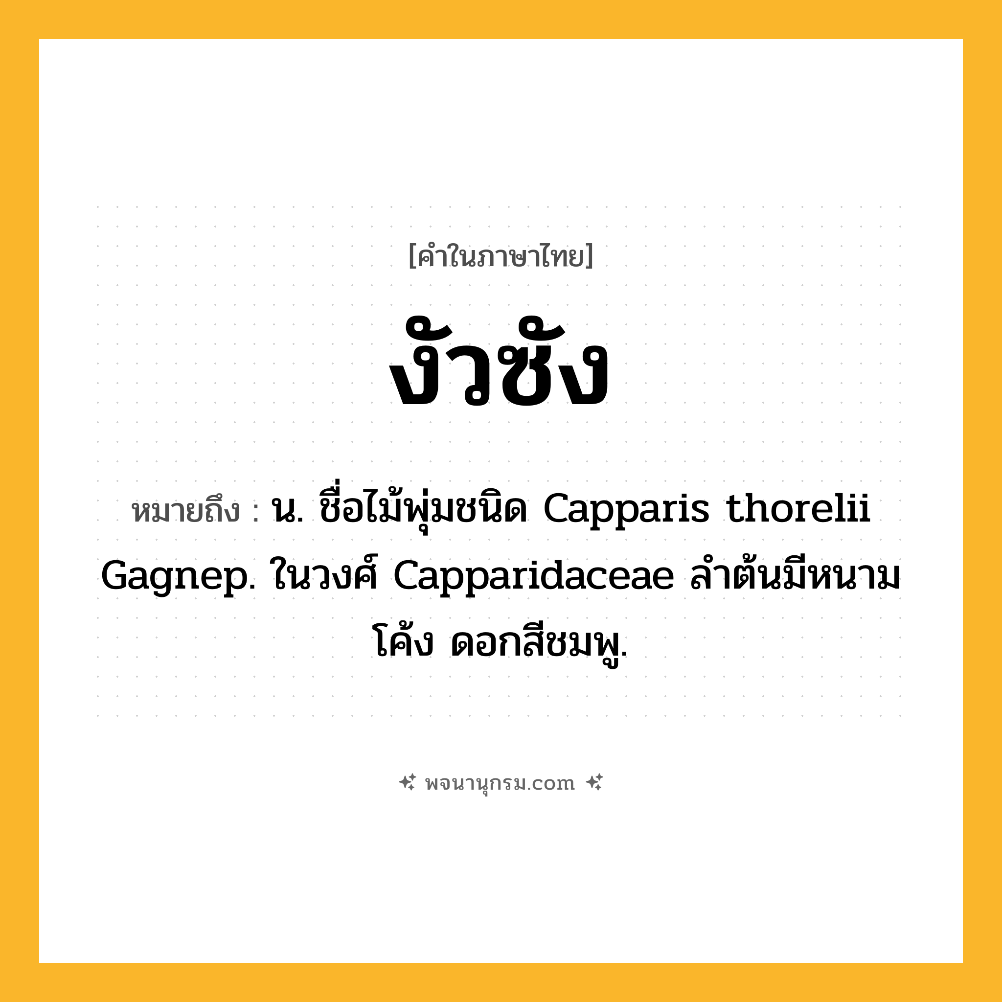 งัวซัง ความหมาย หมายถึงอะไร?, คำในภาษาไทย งัวซัง หมายถึง น. ชื่อไม้พุ่มชนิด Capparis thorelii Gagnep. ในวงศ์ Capparidaceae ลําต้นมีหนามโค้ง ดอกสีชมพู.