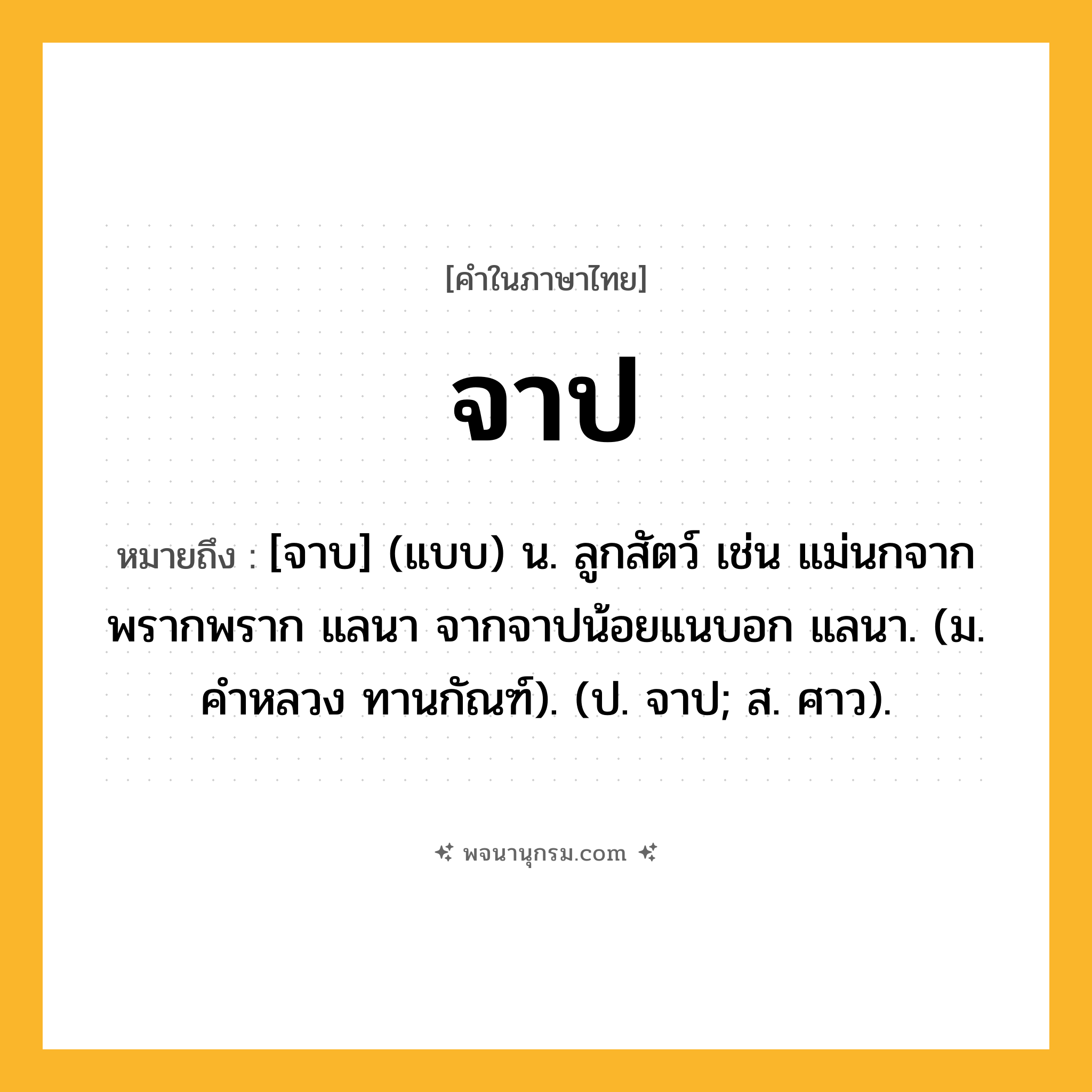 จาป ความหมาย หมายถึงอะไร?, คำในภาษาไทย จาป หมายถึง [จาบ] (แบบ) น. ลูกสัตว์ เช่น แม่นกจากพรากพราก แลนา จากจาปน้อยแนบอก แลนา. (ม. คำหลวง ทานกัณฑ์). (ป. จาป; ส. ศาว).