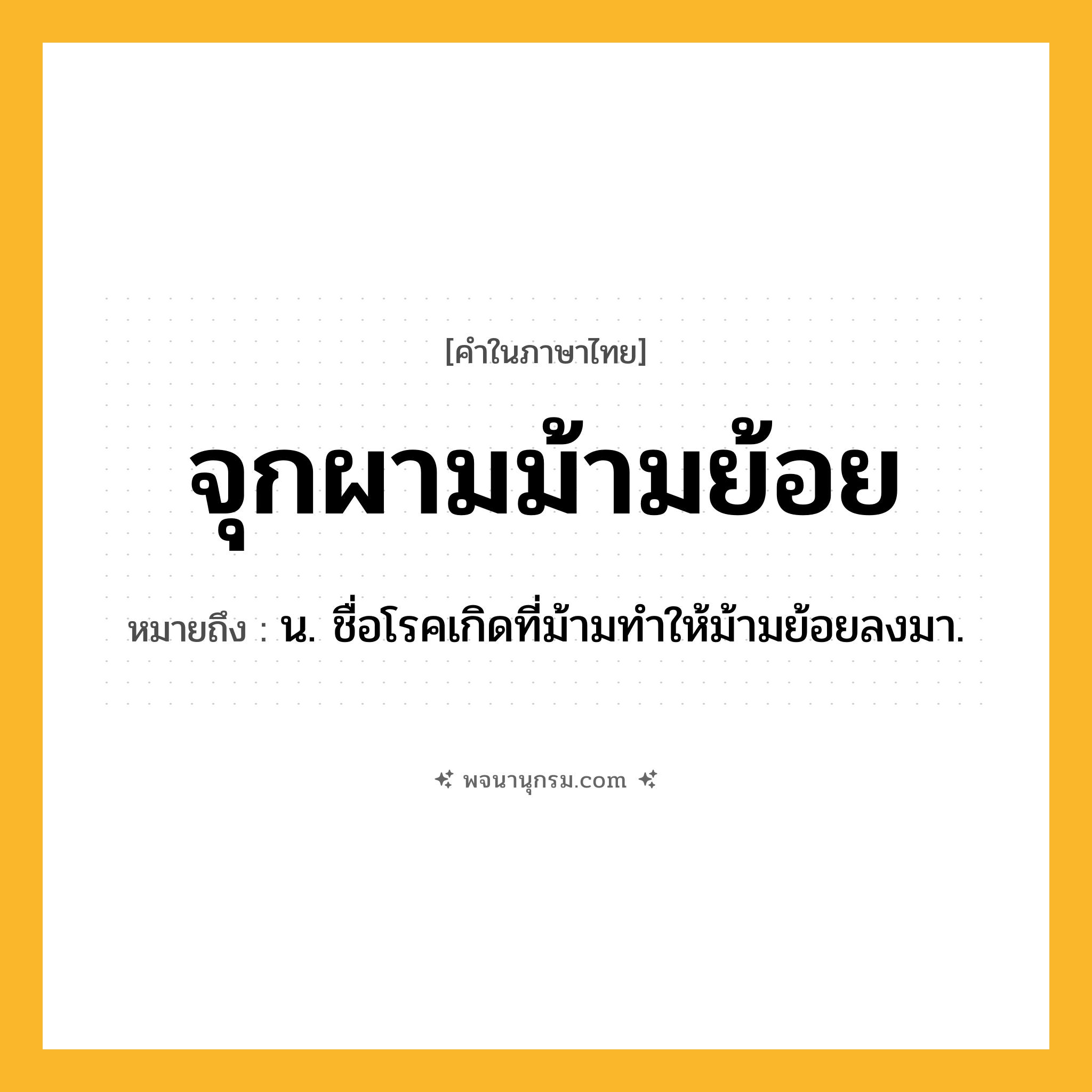 จุกผามม้ามย้อย ความหมาย หมายถึงอะไร?, คำในภาษาไทย จุกผามม้ามย้อย หมายถึง น. ชื่อโรคเกิดที่ม้ามทําให้ม้ามย้อยลงมา.