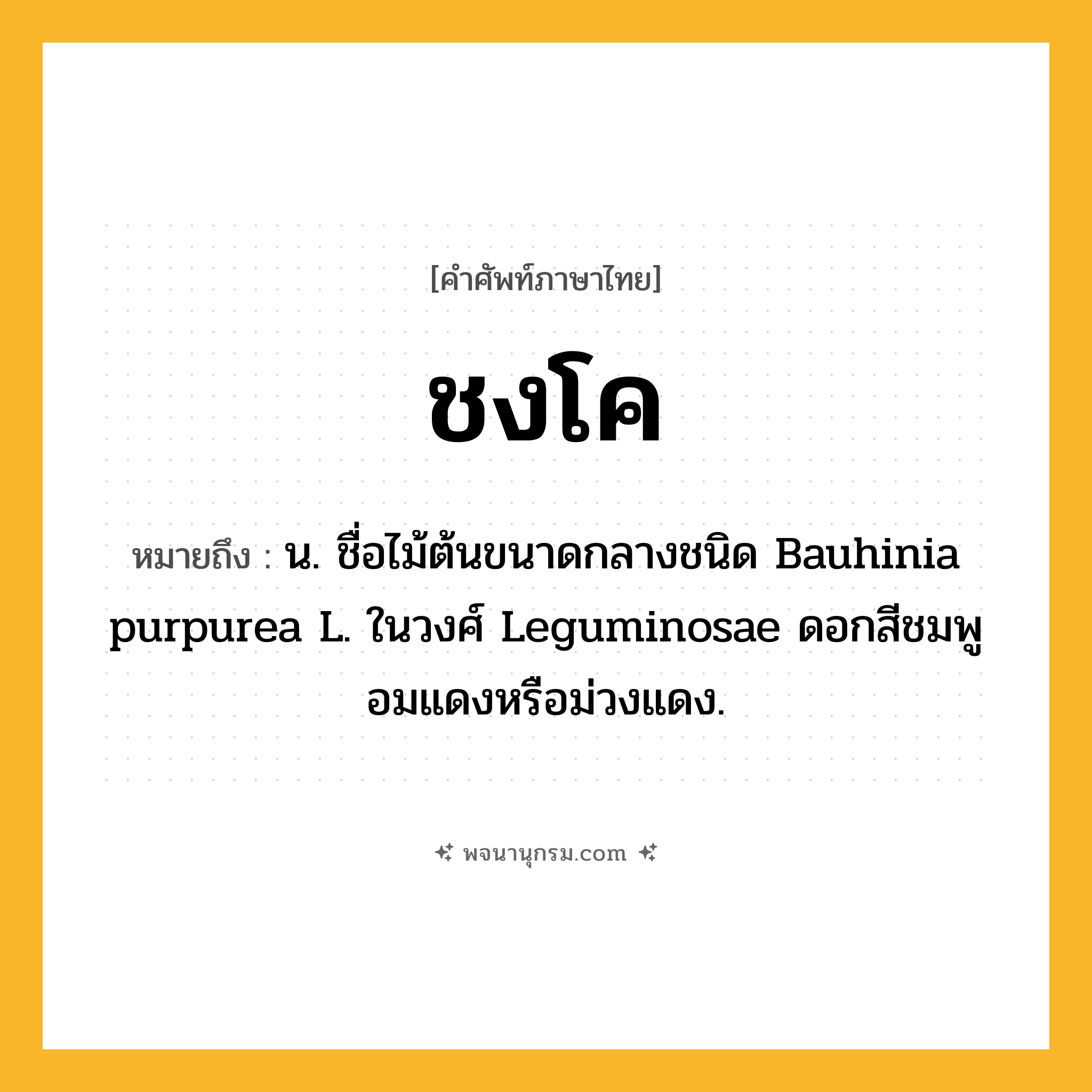 ชงโค ความหมาย หมายถึงอะไร?, คำในภาษาไทย ชงโค หมายถึง น. ชื่อไม้ต้นขนาดกลางชนิด Bauhinia purpurea L. ในวงศ์ Leguminosae ดอกสีชมพูอมแดงหรือม่วงแดง.