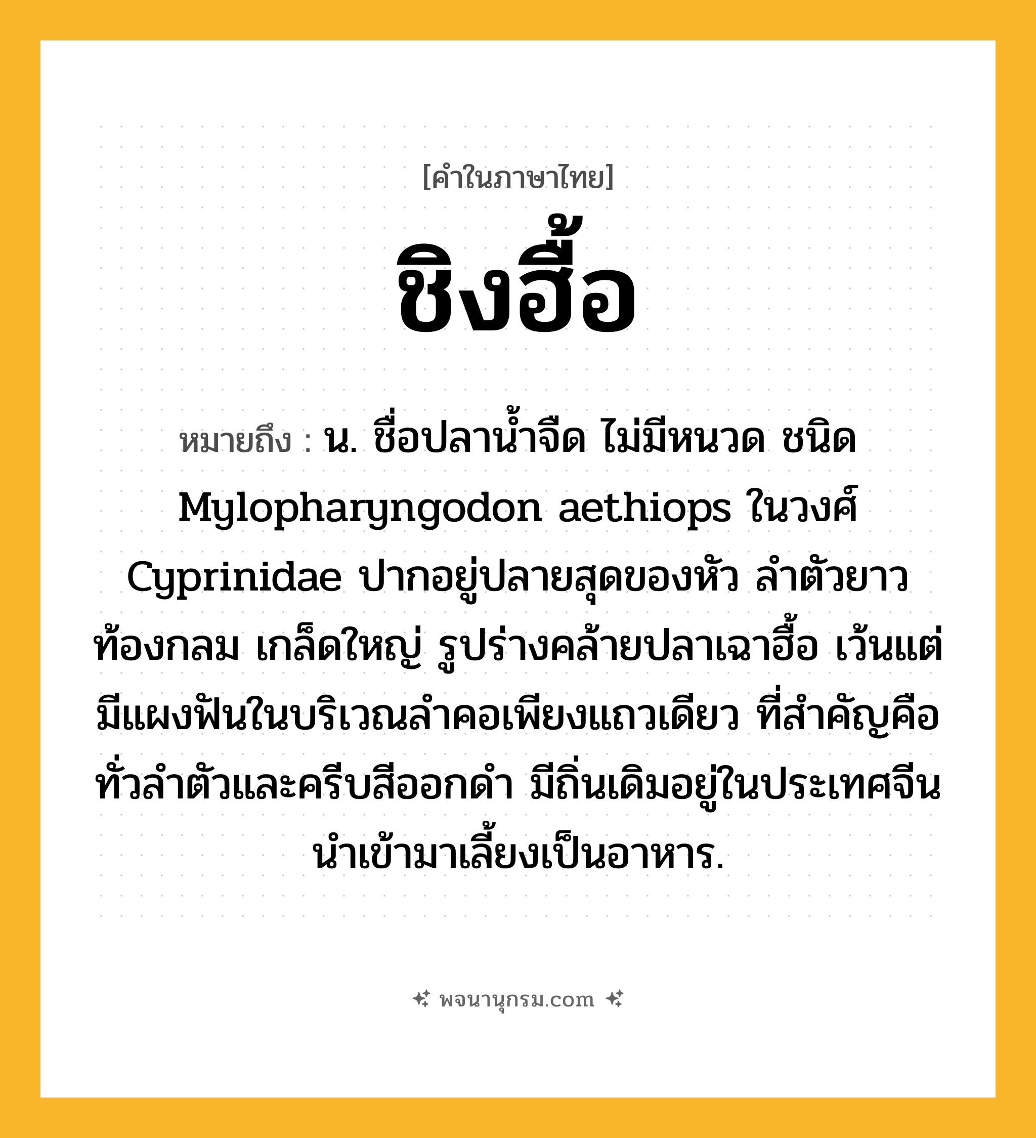 ชิงฮื้อ ความหมาย หมายถึงอะไร?, คำในภาษาไทย ชิงฮื้อ หมายถึง น. ชื่อปลานํ้าจืด ไม่มีหนวด ชนิด Mylopharyngodon aethiops ในวงศ์ Cyprinidae ปากอยู่ปลายสุดของหัว ลําตัวยาว ท้องกลม เกล็ดใหญ่ รูปร่างคล้ายปลาเฉาฮื้อ เว้นแต่มีแผงฟันในบริเวณลําคอเพียงแถวเดียว ที่สําคัญคือ ทั่วลําตัวและครีบสีออกดํา มีถิ่นเดิมอยู่ในประเทศจีน นําเข้ามาเลี้ยงเป็นอาหาร.