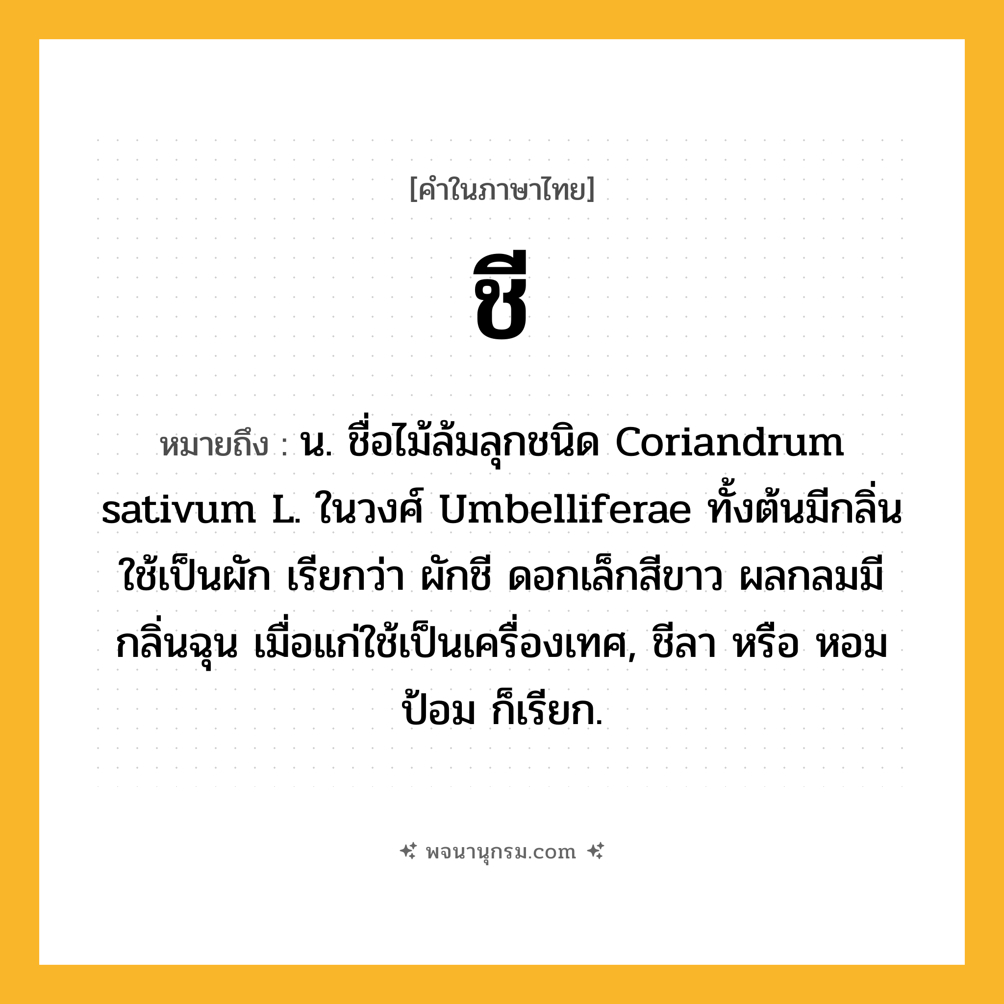 ชี ความหมาย หมายถึงอะไร?, คำในภาษาไทย ชี หมายถึง น. ชื่อไม้ล้มลุกชนิด Coriandrum sativum L. ในวงศ์ Umbelliferae ทั้งต้นมีกลิ่น ใช้เป็นผัก เรียกว่า ผักชี ดอกเล็กสีขาว ผลกลมมีกลิ่นฉุน เมื่อแก่ใช้เป็นเครื่องเทศ, ชีลา หรือ หอมป้อม ก็เรียก.