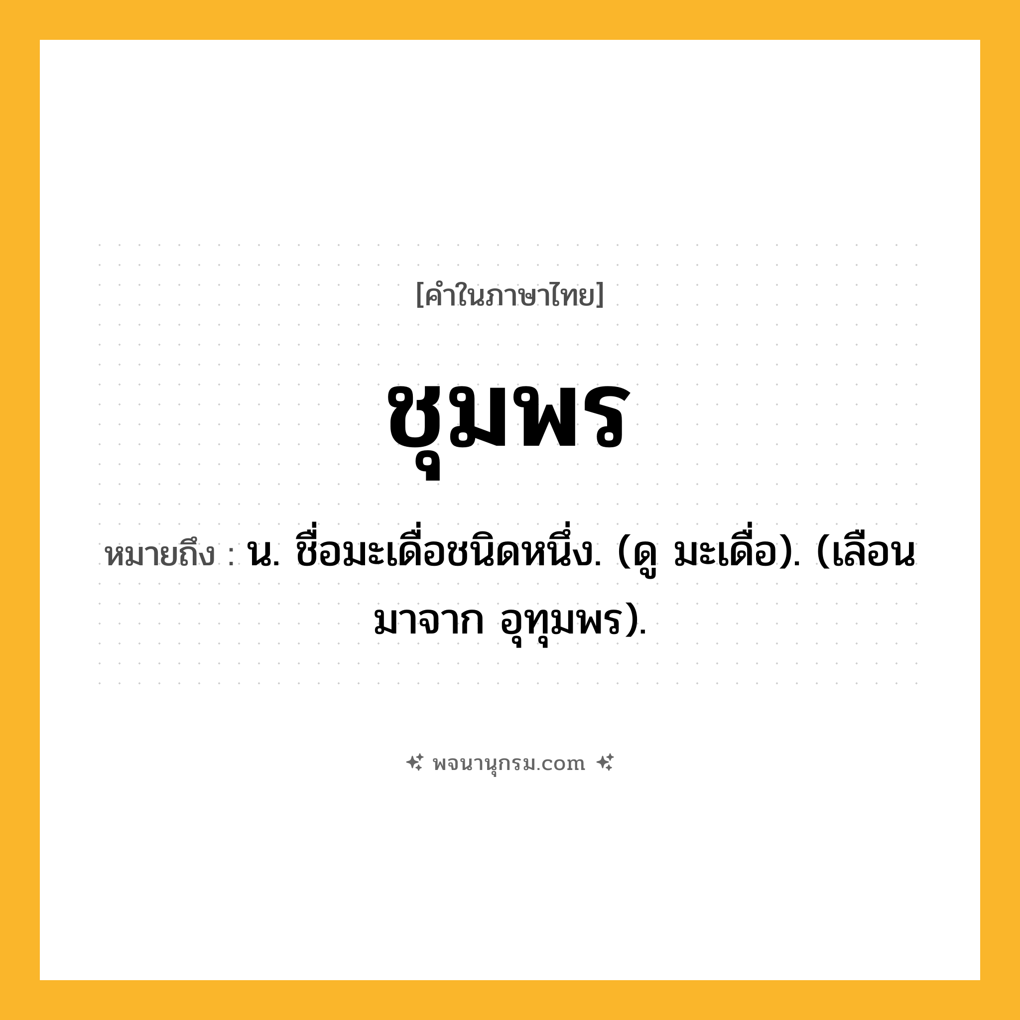 ชุมพร ความหมาย หมายถึงอะไร?, คำในภาษาไทย ชุมพร หมายถึง น. ชื่อมะเดื่อชนิดหนึ่ง. (ดู มะเดื่อ). (เลือนมาจาก อุทุมพร).