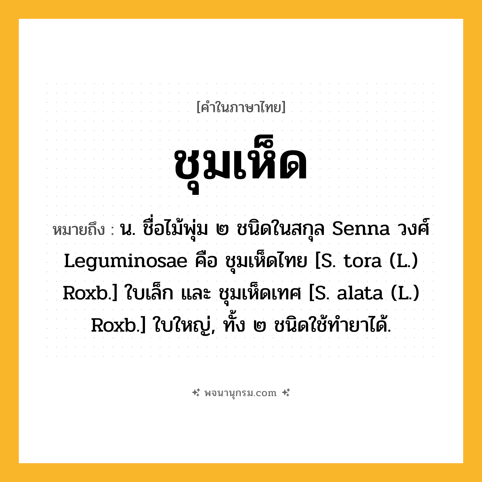 ชุมเห็ด ความหมาย หมายถึงอะไร?, คำในภาษาไทย ชุมเห็ด หมายถึง น. ชื่อไม้พุ่ม ๒ ชนิดในสกุล Senna วงศ์ Leguminosae คือ ชุมเห็ดไทย [S. tora (L.) Roxb.] ใบเล็ก และ ชุมเห็ดเทศ [S. alata (L.) Roxb.] ใบใหญ่, ทั้ง ๒ ชนิดใช้ทํายาได้.