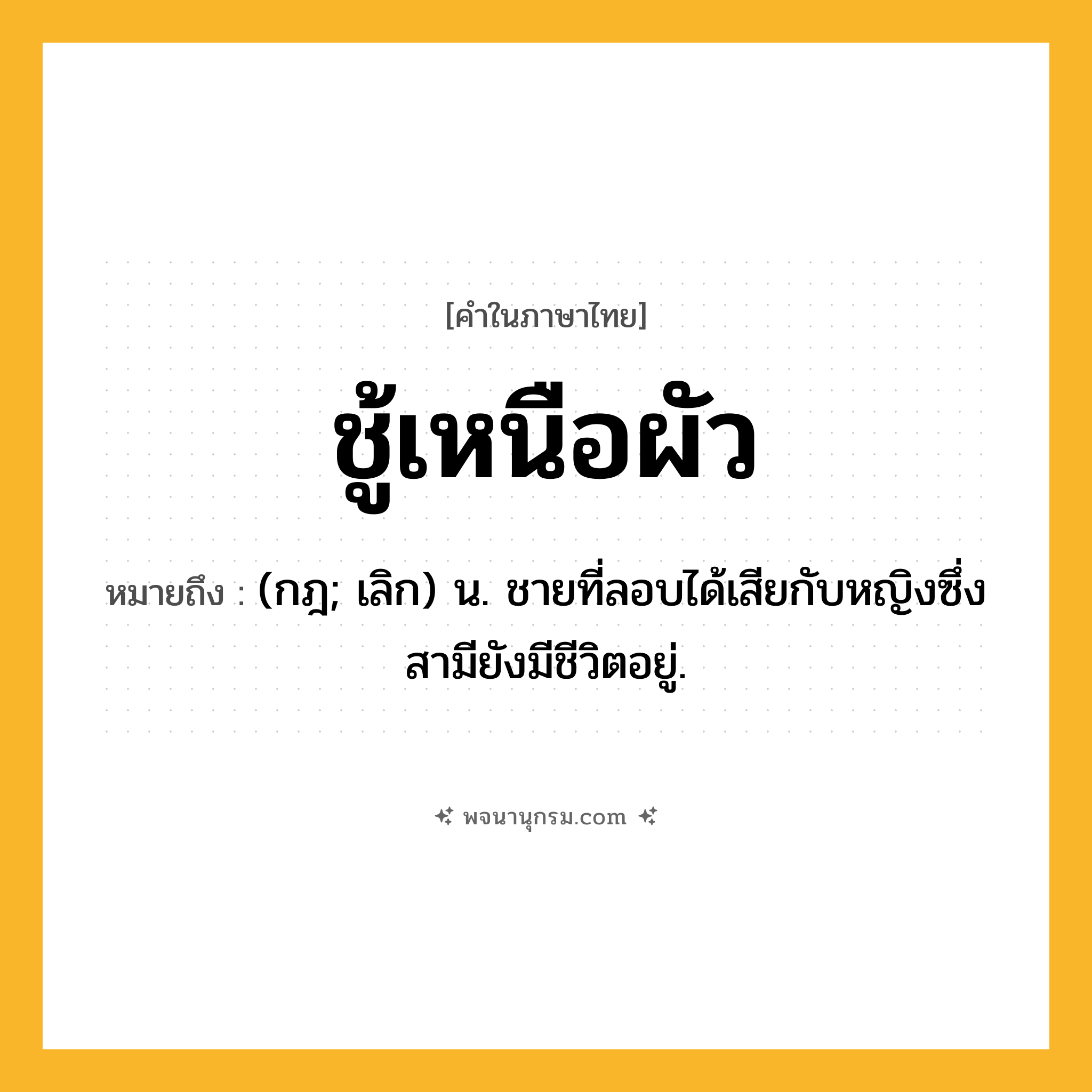 ชู้เหนือผัว ความหมาย หมายถึงอะไร?, คำในภาษาไทย ชู้เหนือผัว หมายถึง (กฎ; เลิก) น. ชายที่ลอบได้เสียกับหญิงซึ่งสามียังมีชีวิตอยู่.