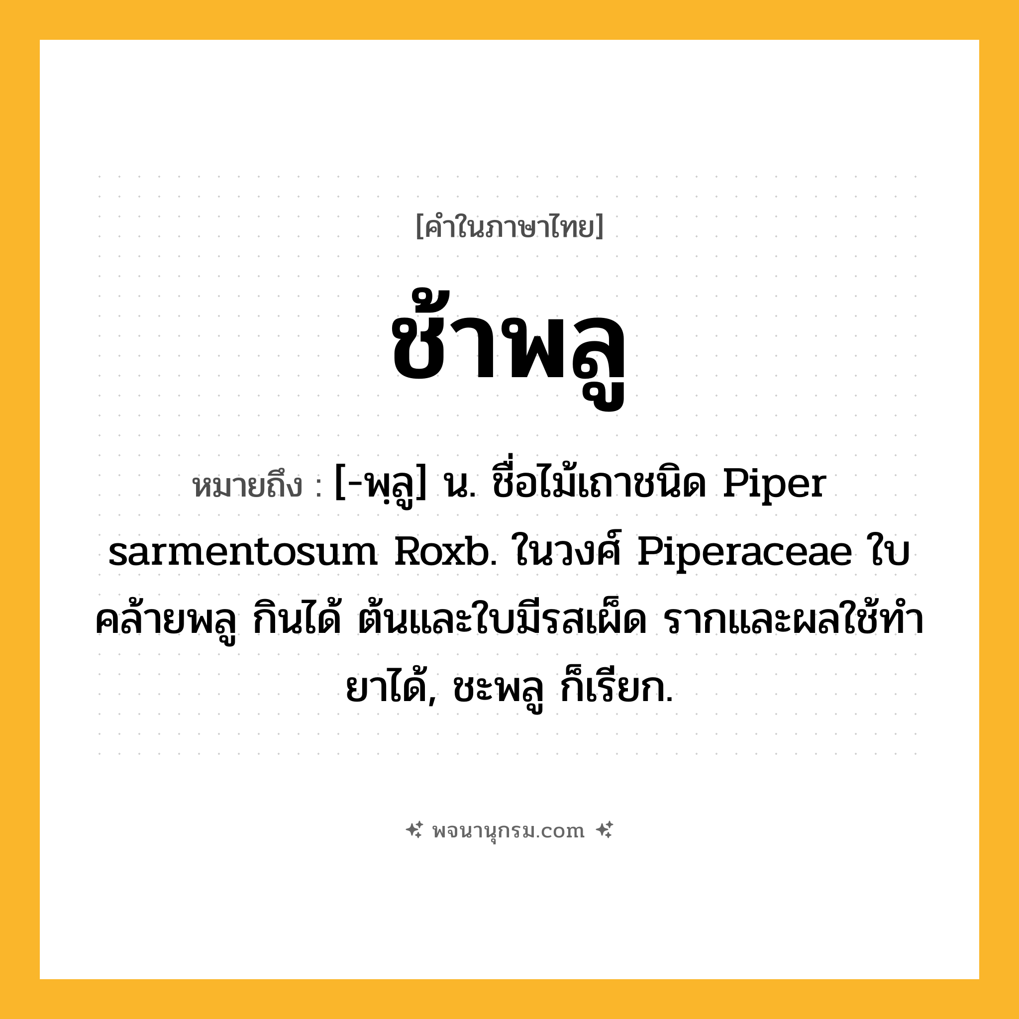 ช้าพลู ความหมาย หมายถึงอะไร?, คำในภาษาไทย ช้าพลู หมายถึง [-พฺลู] น. ชื่อไม้เถาชนิด Piper sarmentosum Roxb. ในวงศ์ Piperaceae ใบคล้ายพลู กินได้ ต้นและใบมีรสเผ็ด รากและผลใช้ทํายาได้, ชะพลู ก็เรียก.