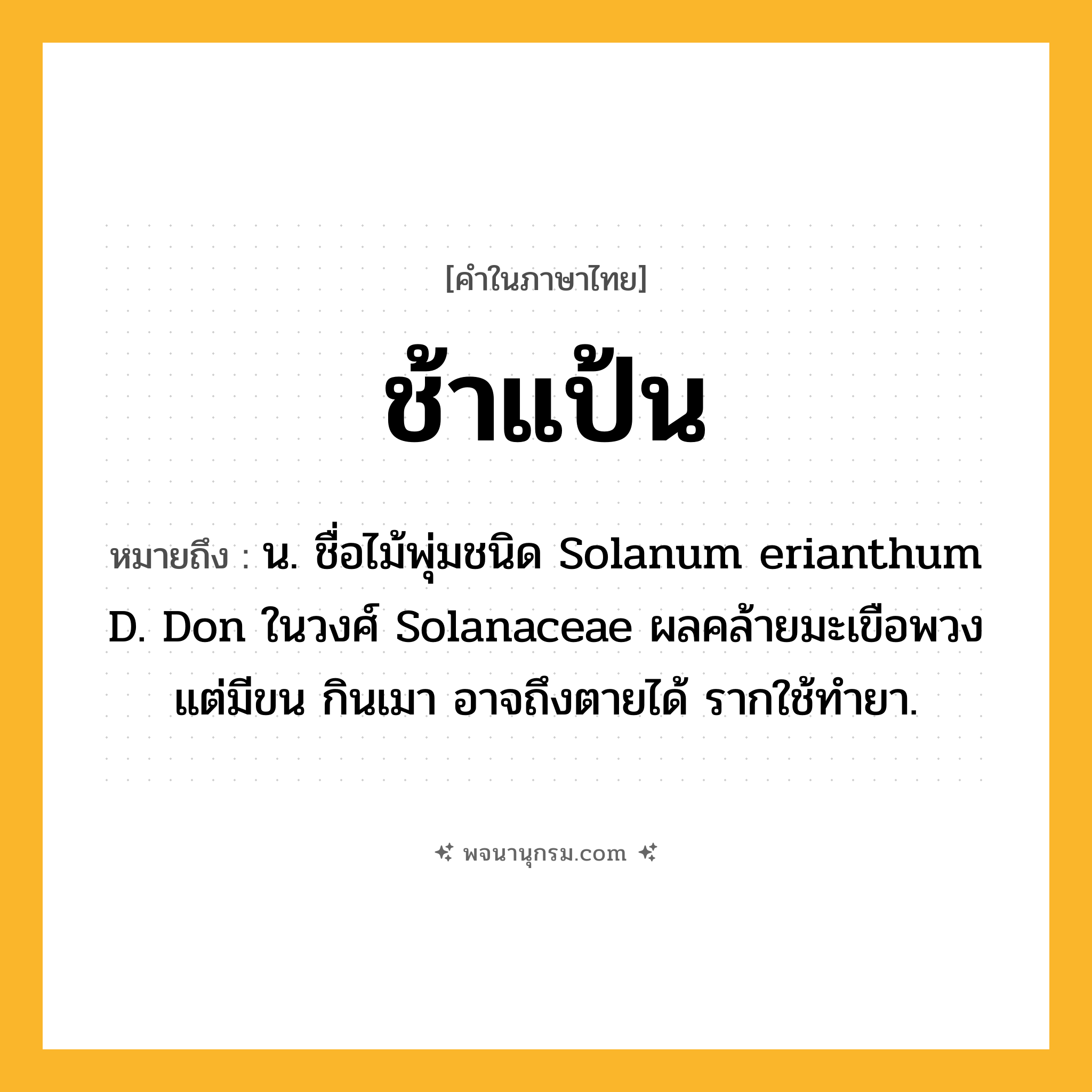ช้าแป้น ความหมาย หมายถึงอะไร?, คำในภาษาไทย ช้าแป้น หมายถึง น. ชื่อไม้พุ่มชนิด Solanum erianthum D. Don ในวงศ์ Solanaceae ผลคล้ายมะเขือพวงแต่มีขน กินเมา อาจถึงตายได้ รากใช้ทํายา.
