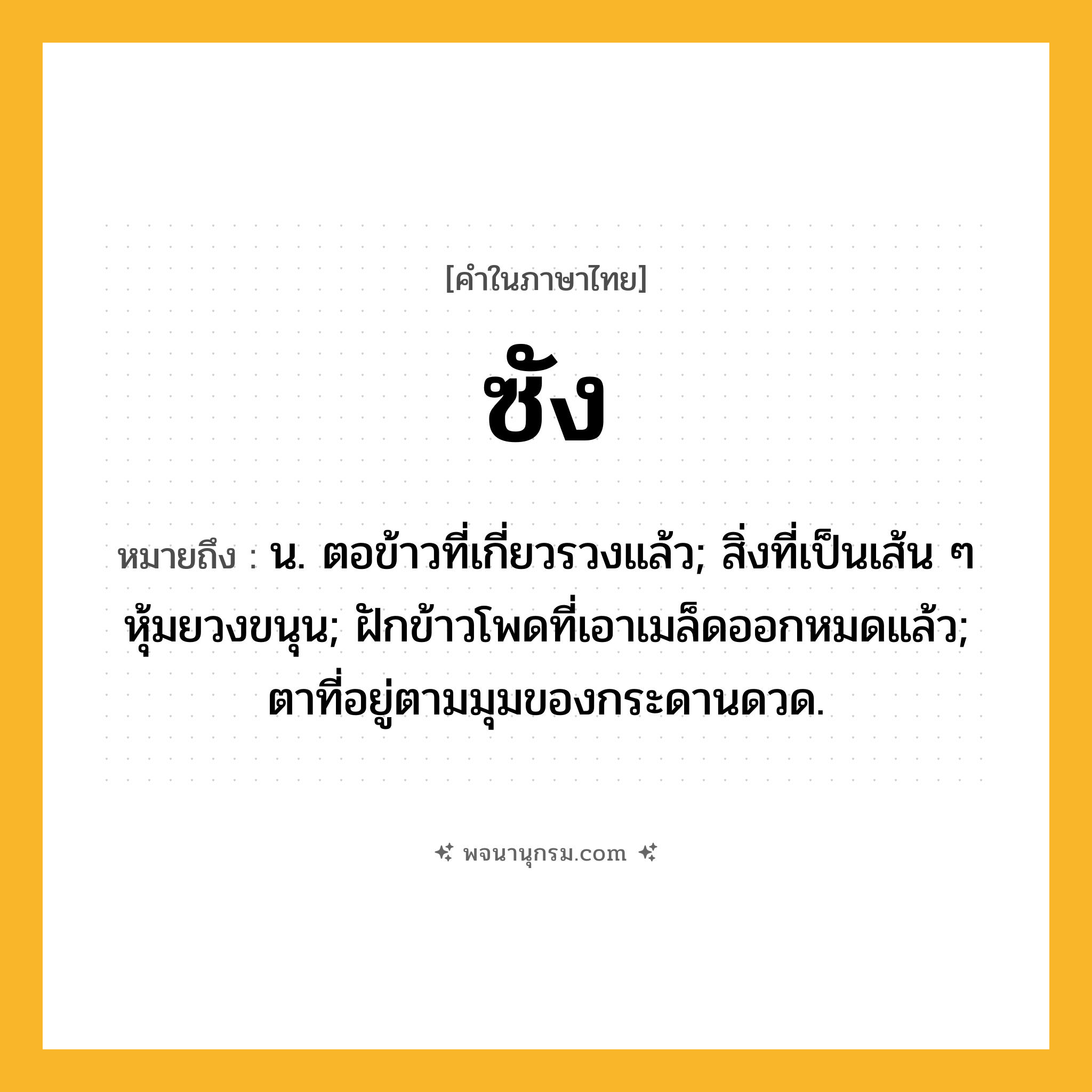ซัง ความหมาย หมายถึงอะไร?, คำในภาษาไทย ซัง หมายถึง น. ตอข้าวที่เกี่ยวรวงแล้ว; สิ่งที่เป็นเส้น ๆ หุ้มยวงขนุน; ฝักข้าวโพดที่เอาเมล็ดออกหมดแล้ว; ตาที่อยู่ตามมุมของกระดานดวด.