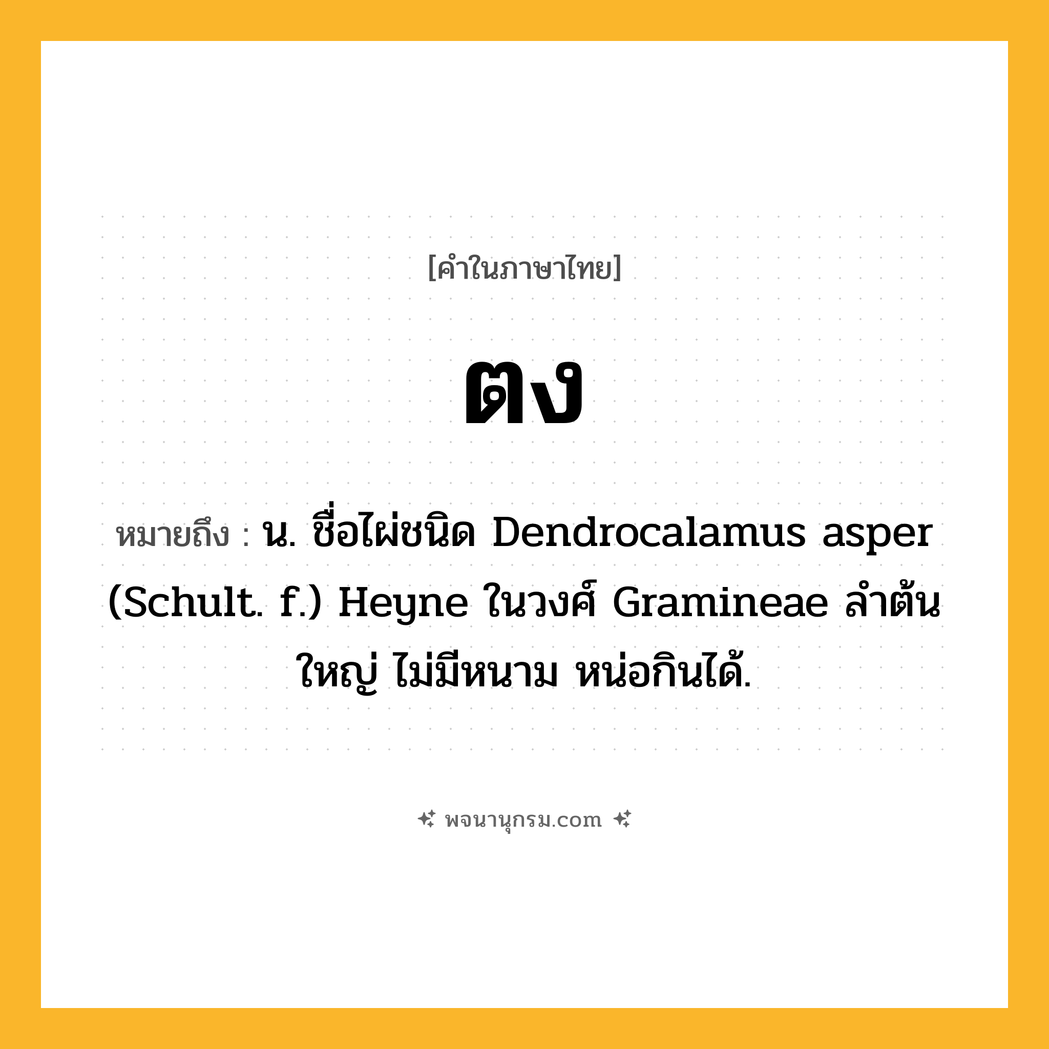 ตง ความหมาย หมายถึงอะไร?, คำในภาษาไทย ตง หมายถึง น. ชื่อไผ่ชนิด Dendrocalamus asper (Schult. f.) Heyne ในวงศ์ Gramineae ลําต้นใหญ่ ไม่มีหนาม หน่อกินได้.