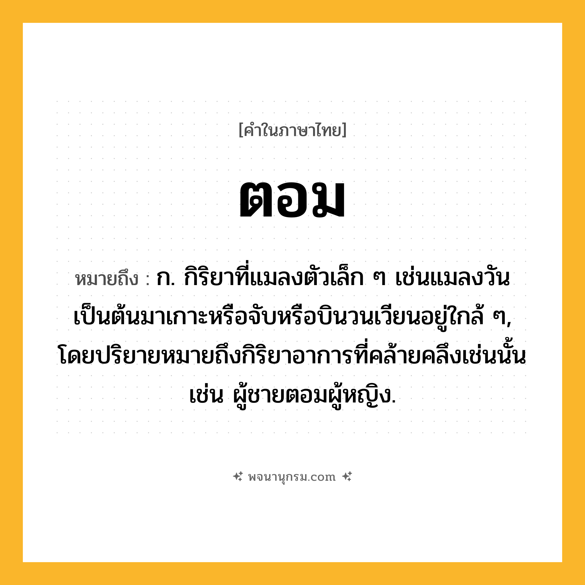 ตอม ความหมาย หมายถึงอะไร?, คำในภาษาไทย ตอม หมายถึง ก. กิริยาที่แมลงตัวเล็ก ๆ เช่นแมลงวันเป็นต้นมาเกาะหรือจับหรือบินวนเวียนอยู่ใกล้ ๆ, โดยปริยายหมายถึงกิริยาอาการที่คล้ายคลึงเช่นนั้น เช่น ผู้ชายตอมผู้หญิง.