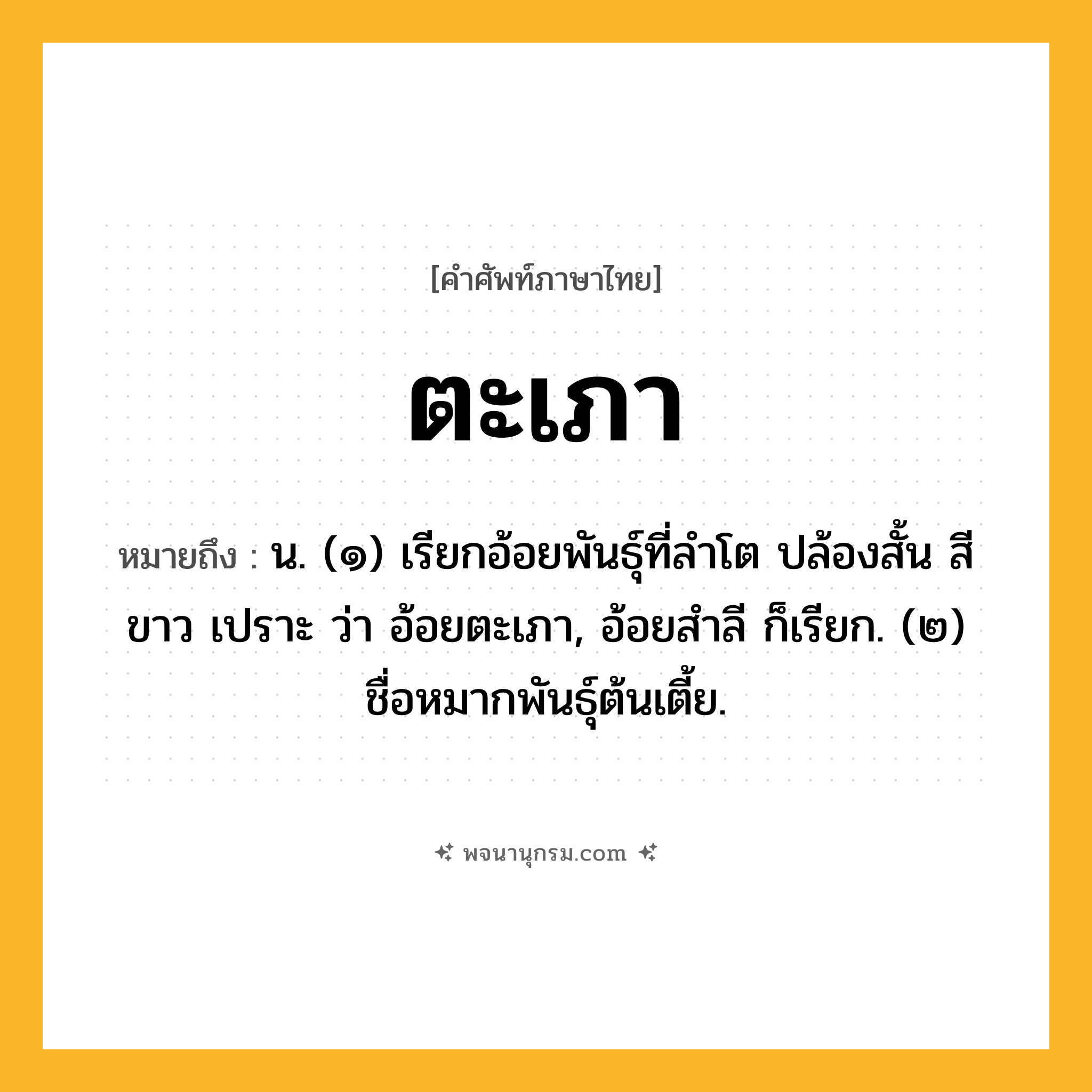 ตะเภา ความหมาย หมายถึงอะไร?, คำในภาษาไทย ตะเภา หมายถึง น. (๑) เรียกอ้อยพันธุ์ที่ลําโต ปล้องสั้น สีขาว เปราะ ว่า อ้อยตะเภา, อ้อยสําลี ก็เรียก. (๒) ชื่อหมากพันธุ์ต้นเตี้ย.