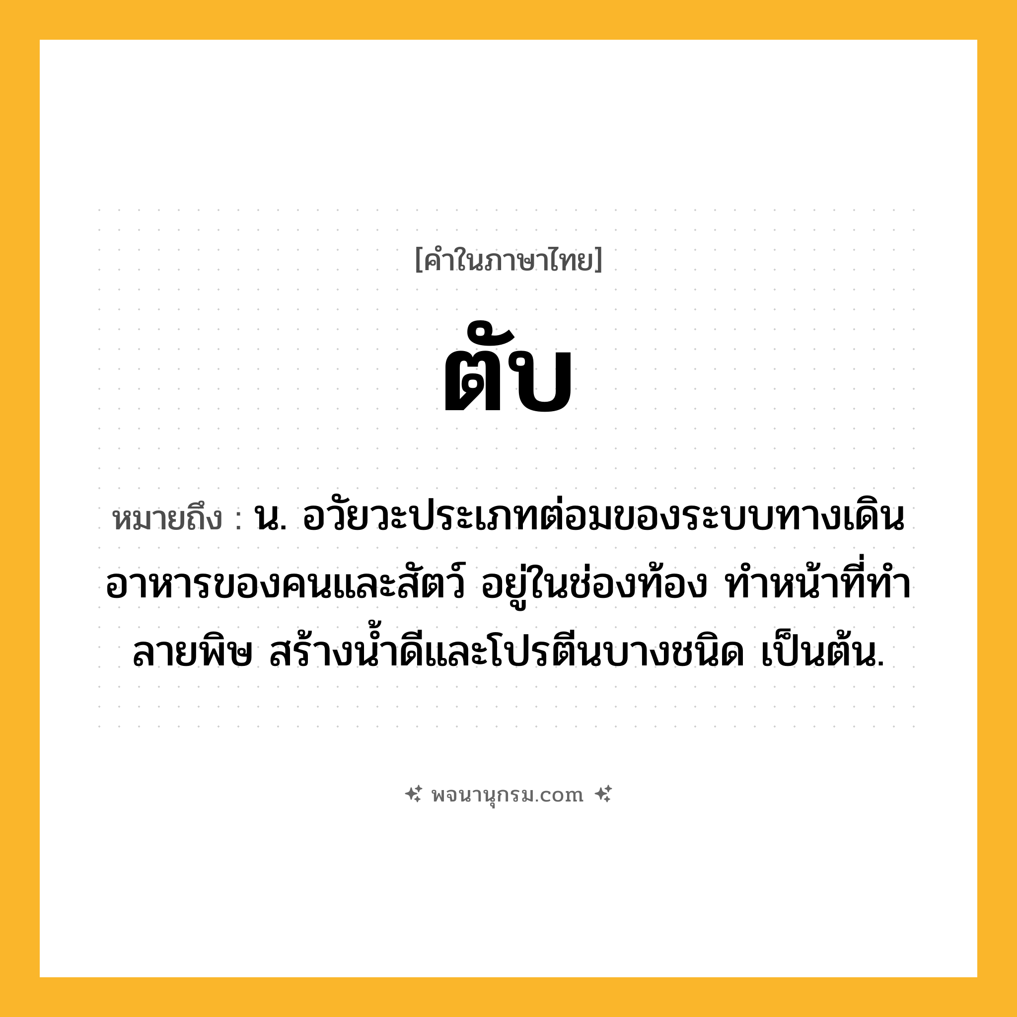 ตับ ความหมาย หมายถึงอะไร?, คำในภาษาไทย ตับ หมายถึง น. อวัยวะประเภทต่อมของระบบทางเดินอาหารของคนและสัตว์ อยู่ในช่องท้อง ทําหน้าที่ทําลายพิษ สร้างนํ้าดีและโปรตีนบางชนิด เป็นต้น.