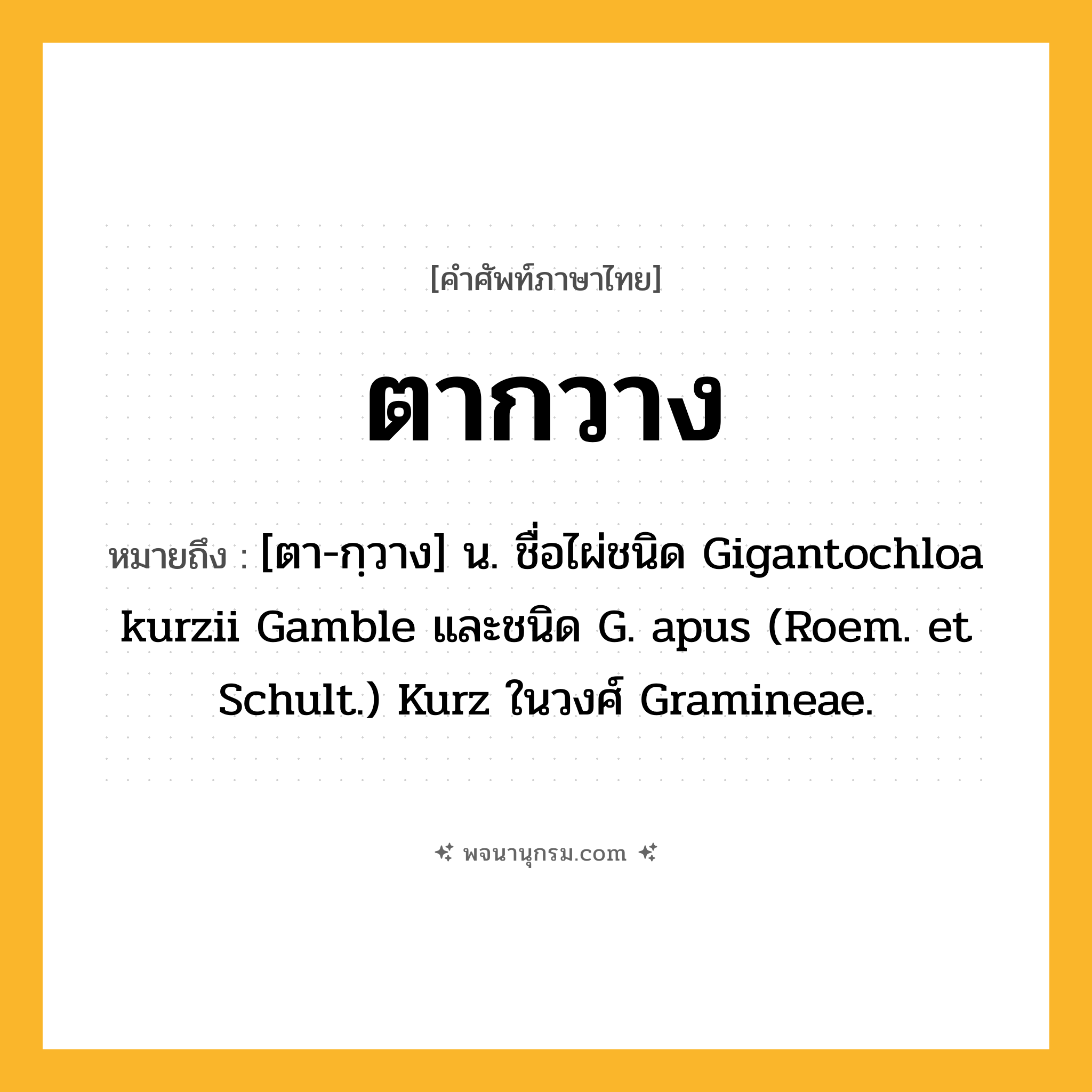 ตากวาง ความหมาย หมายถึงอะไร?, คำในภาษาไทย ตากวาง หมายถึง [ตา-กฺวาง] น. ชื่อไผ่ชนิด Gigantochloa kurzii Gamble และชนิด G. apus (Roem. et Schult.) Kurz ในวงศ์ Gramineae.