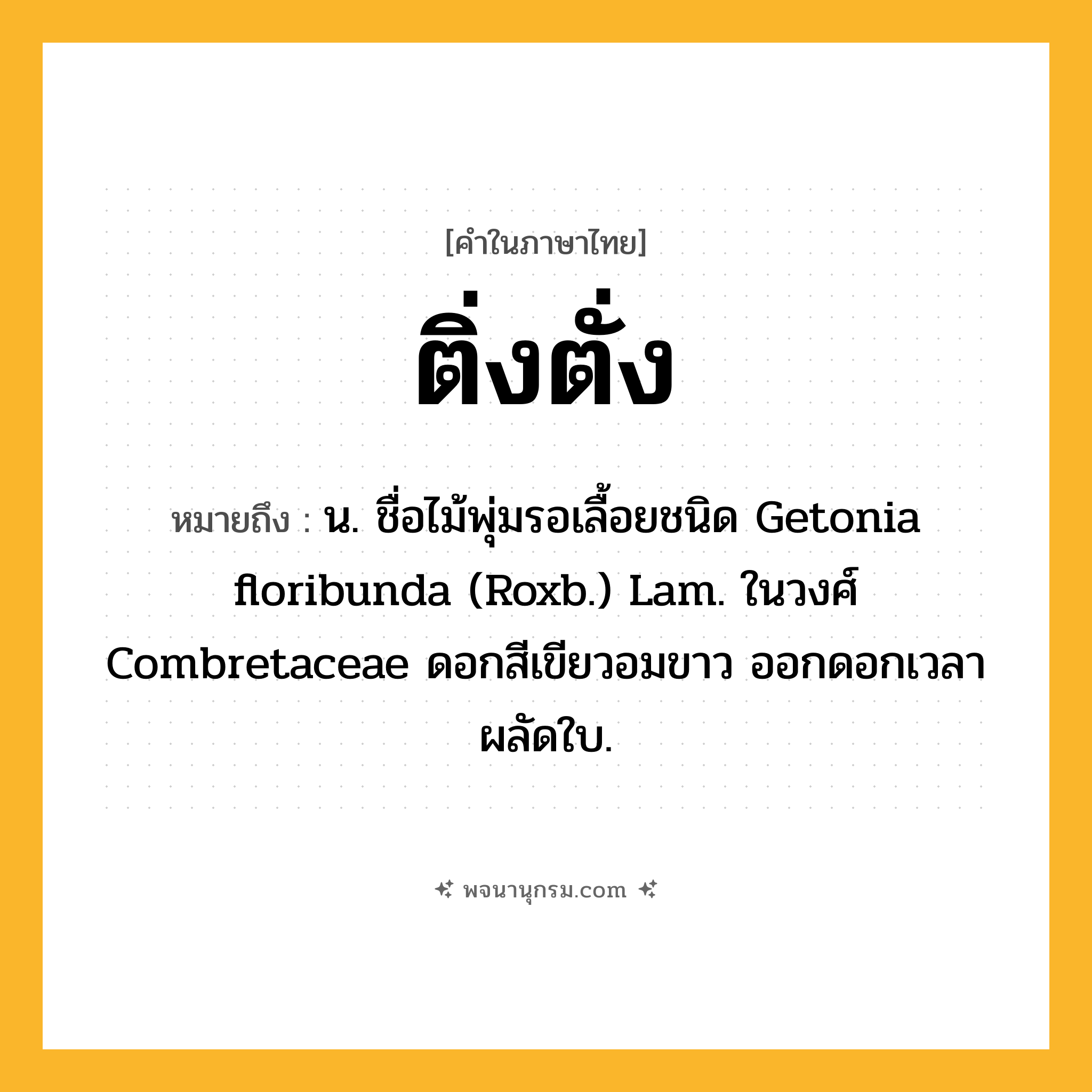 ติ่งตั่ง ความหมาย หมายถึงอะไร?, คำในภาษาไทย ติ่งตั่ง หมายถึง น. ชื่อไม้พุ่มรอเลื้อยชนิด Getonia floribunda (Roxb.) Lam. ในวงศ์ Combretaceae ดอกสีเขียวอมขาว ออกดอกเวลาผลัดใบ.