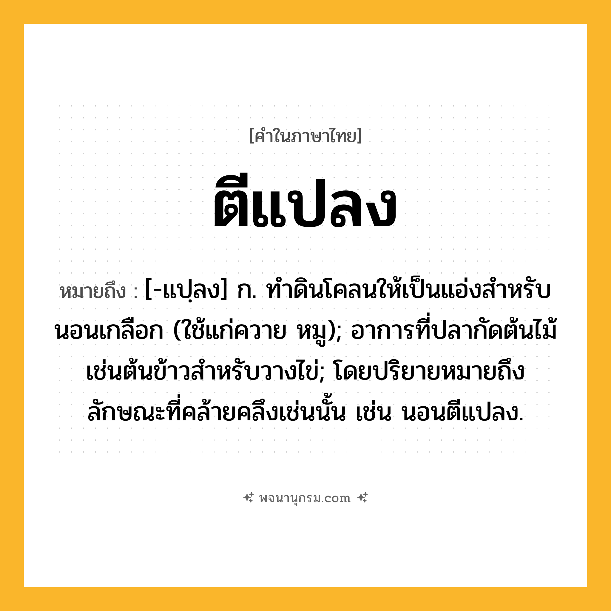 ตีแปลง ความหมาย หมายถึงอะไร?, คำในภาษาไทย ตีแปลง หมายถึง [-แปฺลง] ก. ทําดินโคลนให้เป็นแอ่งสําหรับนอนเกลือก (ใช้แก่ควาย หมู); อาการที่ปลากัดต้นไม้เช่นต้นข้าวสําหรับวางไข่; โดยปริยายหมายถึงลักษณะที่คล้ายคลึงเช่นนั้น เช่น นอนตีแปลง.