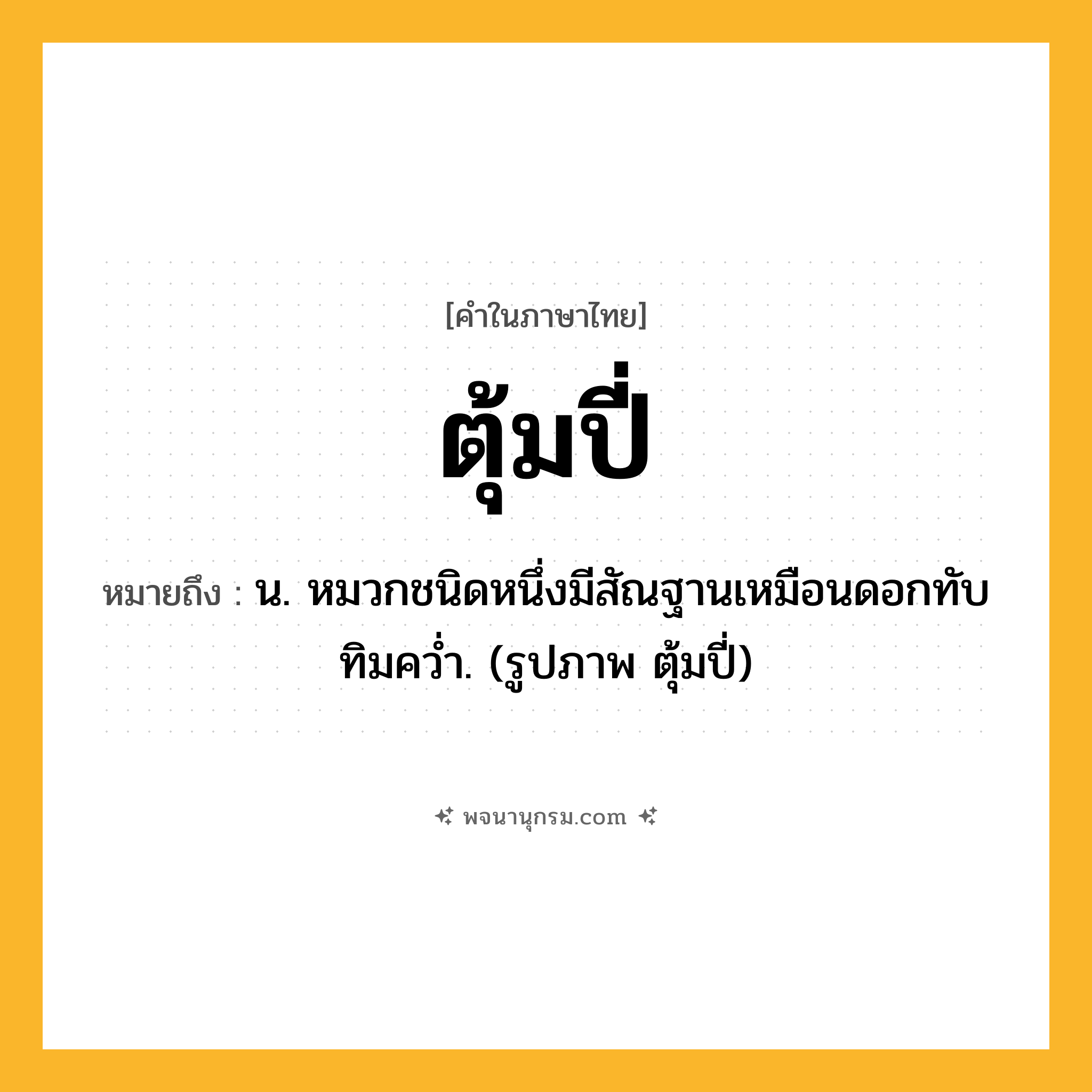 ตุ้มปี่ ความหมาย หมายถึงอะไร?, คำในภาษาไทย ตุ้มปี่ หมายถึง น. หมวกชนิดหนึ่งมีสัณฐานเหมือนดอกทับทิมควํ่า. (รูปภาพ ตุ้มปี่)