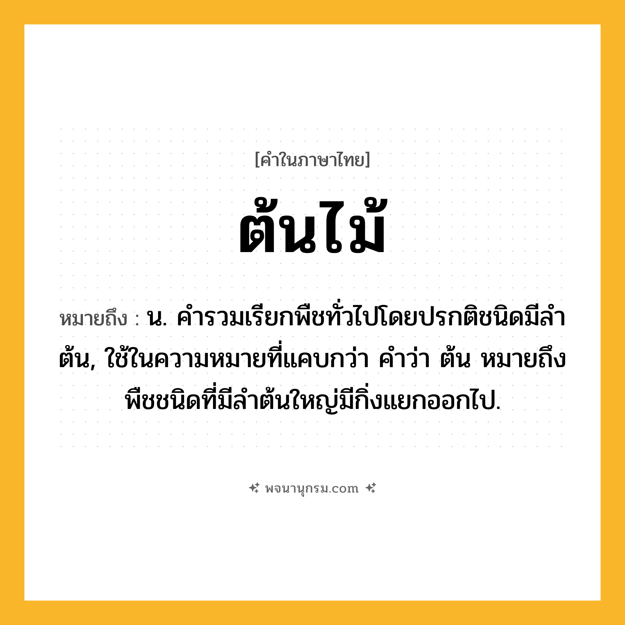 ต้นไม้ ความหมาย หมายถึงอะไร?, คำในภาษาไทย ต้นไม้ หมายถึง น. คํารวมเรียกพืชทั่วไปโดยปรกติชนิดมีลําต้น, ใช้ในความหมายที่แคบกว่า คําว่า ต้น หมายถึง พืชชนิดที่มีลําต้นใหญ่มีกิ่งแยกออกไป.