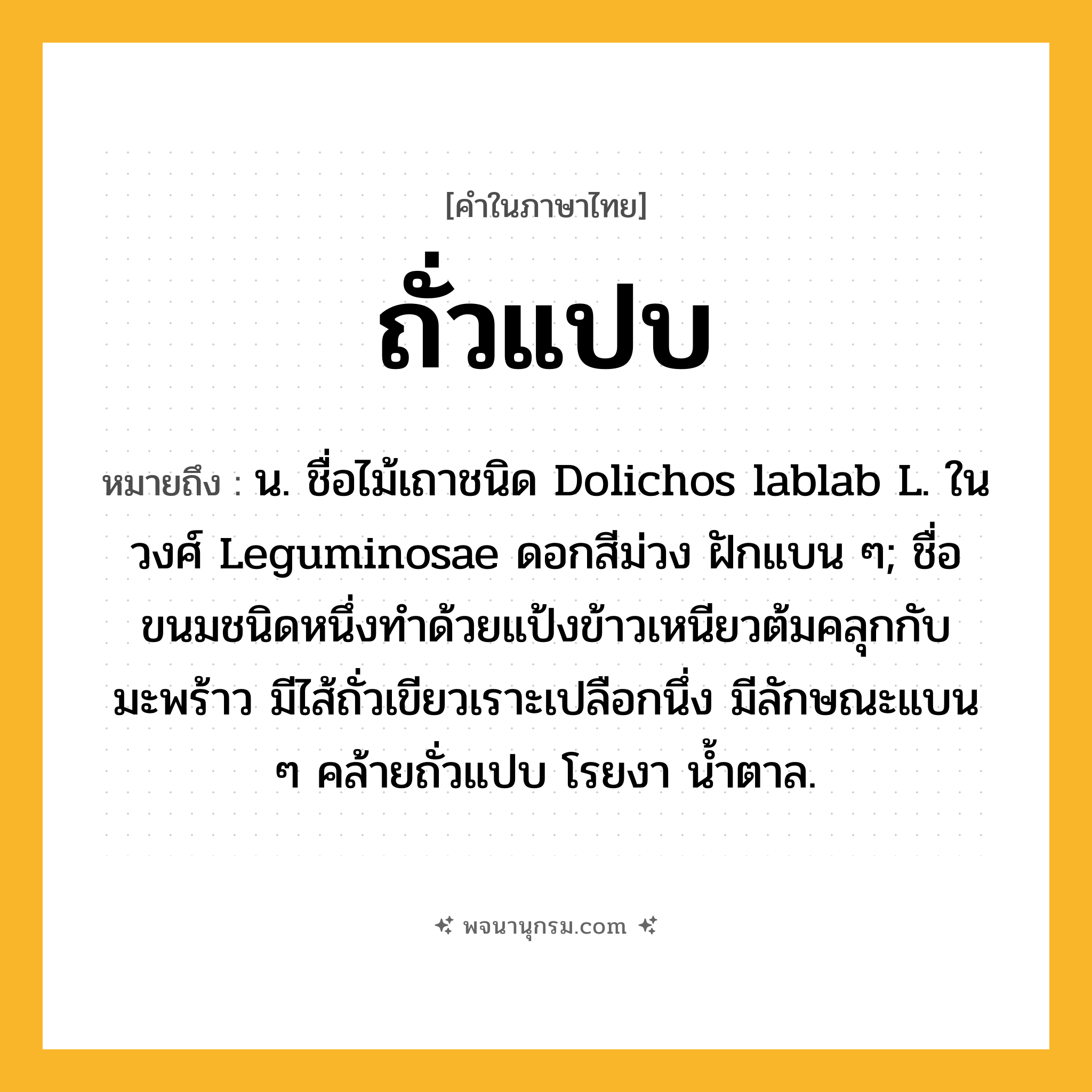 ถั่วแปบ ความหมาย หมายถึงอะไร?, คำในภาษาไทย ถั่วแปบ หมายถึง น. ชื่อไม้เถาชนิด Dolichos lablab L. ในวงศ์ Leguminosae ดอกสีม่วง ฝักแบน ๆ; ชื่อขนมชนิดหนึ่งทําด้วยแป้งข้าวเหนียวต้มคลุกกับมะพร้าว มีไส้ถั่วเขียวเราะเปลือกนึ่ง มีลักษณะแบน ๆ คล้ายถั่วแปบ โรยงา นํ้าตาล.