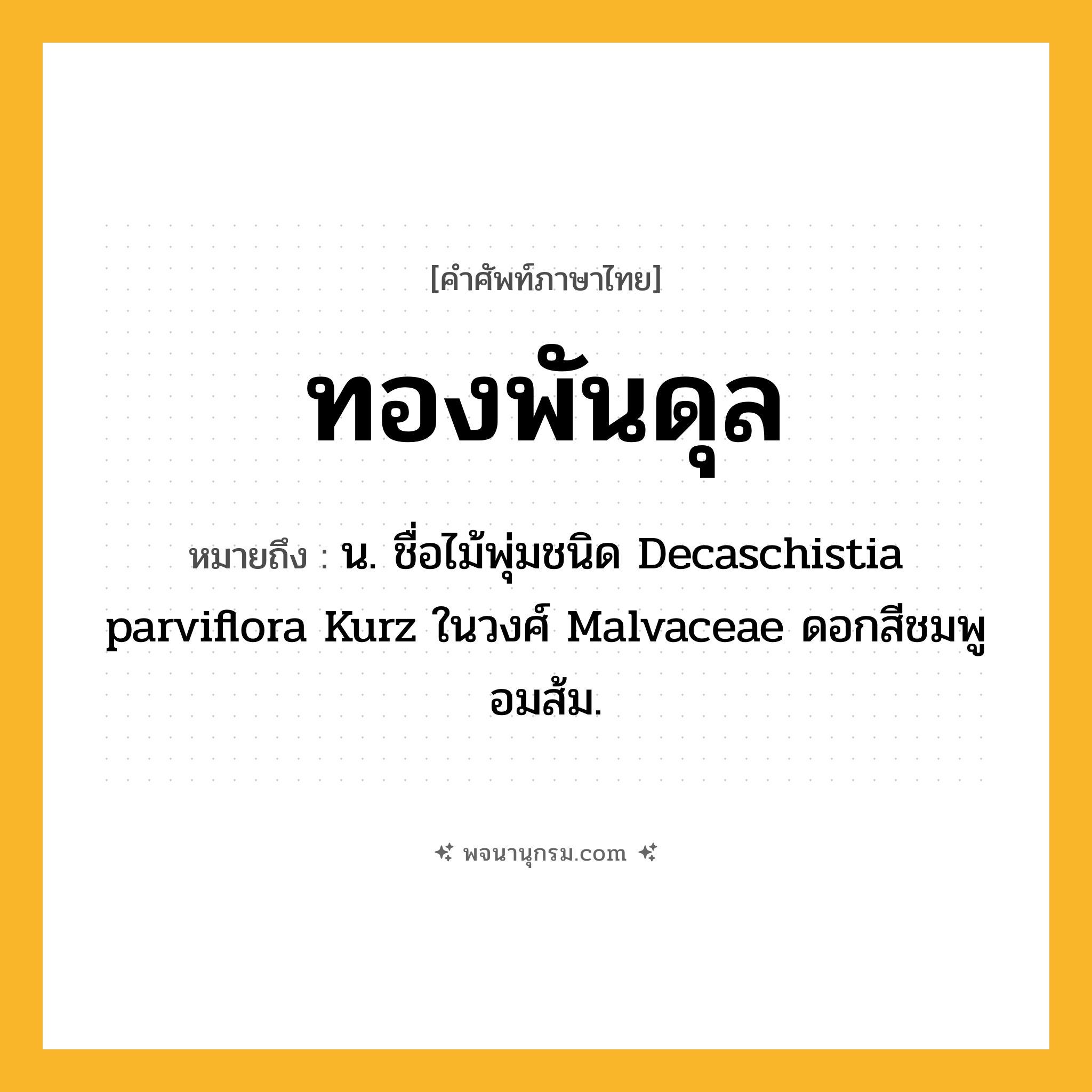 ทองพันดุล ความหมาย หมายถึงอะไร?, คำในภาษาไทย ทองพันดุล หมายถึง น. ชื่อไม้พุ่มชนิด Decaschistia parviflora Kurz ในวงศ์ Malvaceae ดอกสีชมพูอมส้ม.