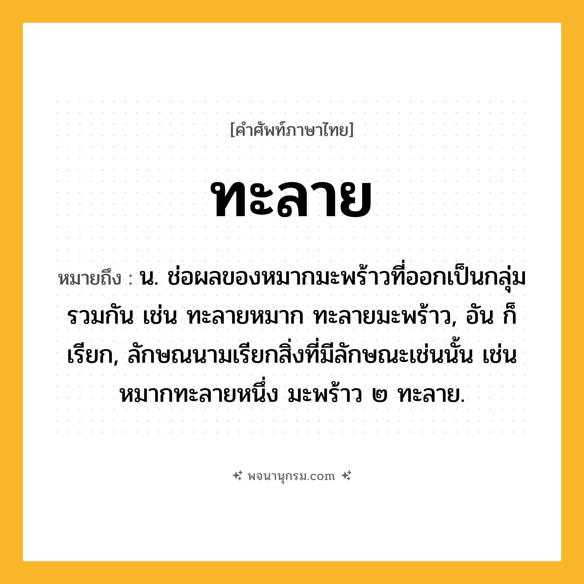 ทะลาย ความหมาย หมายถึงอะไร?, คำในภาษาไทย ทะลาย หมายถึง น. ช่อผลของหมากมะพร้าวที่ออกเป็นกลุ่มรวมกัน เช่น ทะลายหมาก ทะลายมะพร้าว, อัน ก็เรียก, ลักษณนามเรียกสิ่งที่มีลักษณะเช่นนั้น เช่น หมากทะลายหนึ่ง มะพร้าว ๒ ทะลาย.