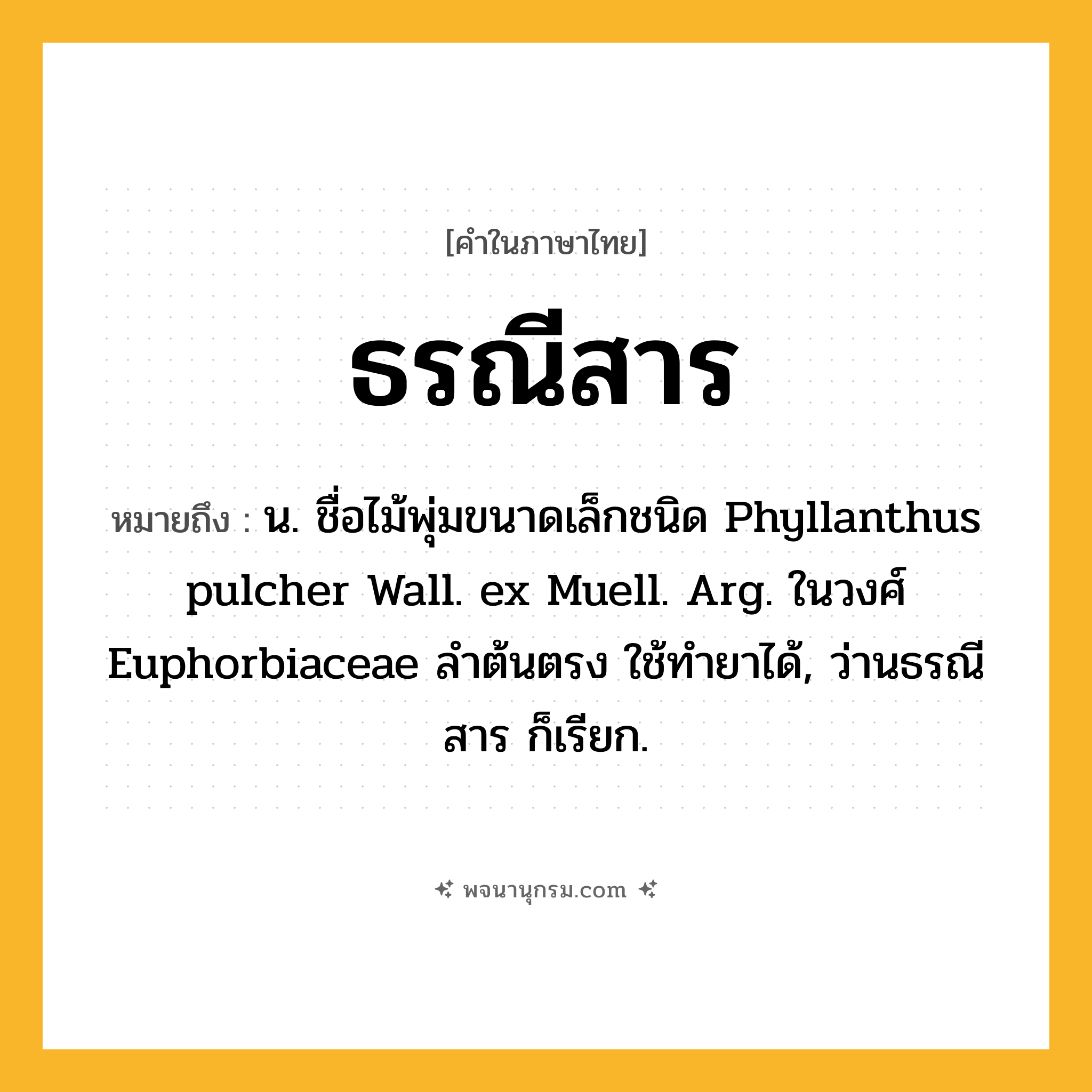 ธรณีสาร ความหมาย หมายถึงอะไร?, คำในภาษาไทย ธรณีสาร หมายถึง น. ชื่อไม้พุ่มขนาดเล็กชนิด Phyllanthus pulcher Wall. ex Muell. Arg. ในวงศ์ Euphorbiaceae ลําต้นตรง ใช้ทํายาได้, ว่านธรณีสาร ก็เรียก.