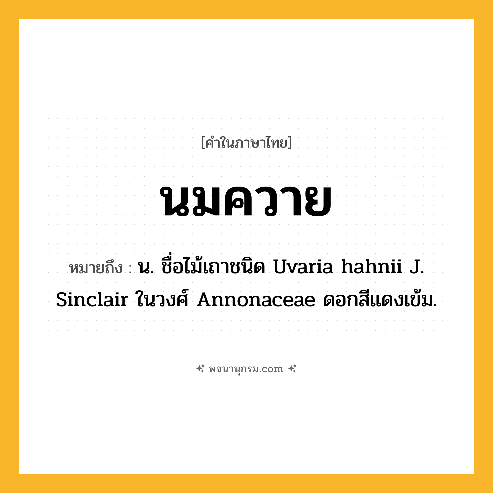 นมควาย ความหมาย หมายถึงอะไร?, คำในภาษาไทย นมควาย หมายถึง น. ชื่อไม้เถาชนิด Uvaria hahnii J. Sinclair ในวงศ์ Annonaceae ดอกสีแดงเข้ม.