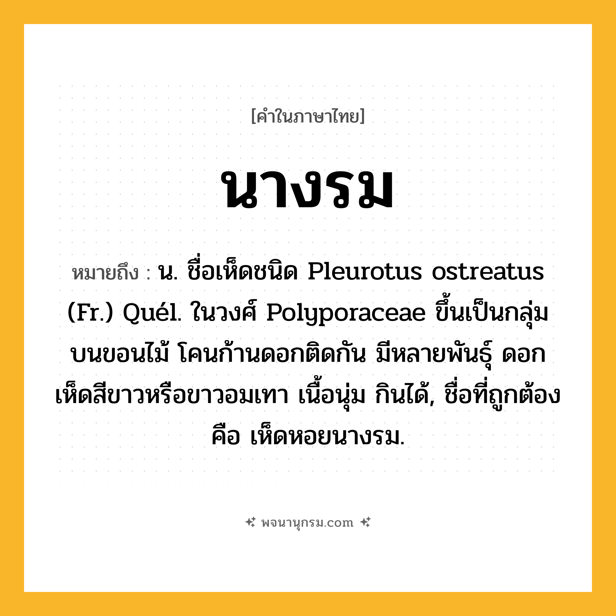 นางรม ความหมาย หมายถึงอะไร?, คำในภาษาไทย นางรม หมายถึง น. ชื่อเห็ดชนิด Pleurotus ostreatus (Fr.) Quél. ในวงศ์ Polyporaceae ขึ้นเป็นกลุ่มบนขอนไม้ โคนก้านดอกติดกัน มีหลายพันธุ์ ดอกเห็ดสีขาวหรือขาวอมเทา เนื้อนุ่ม กินได้, ชื่อที่ถูกต้องคือ เห็ดหอยนางรม.