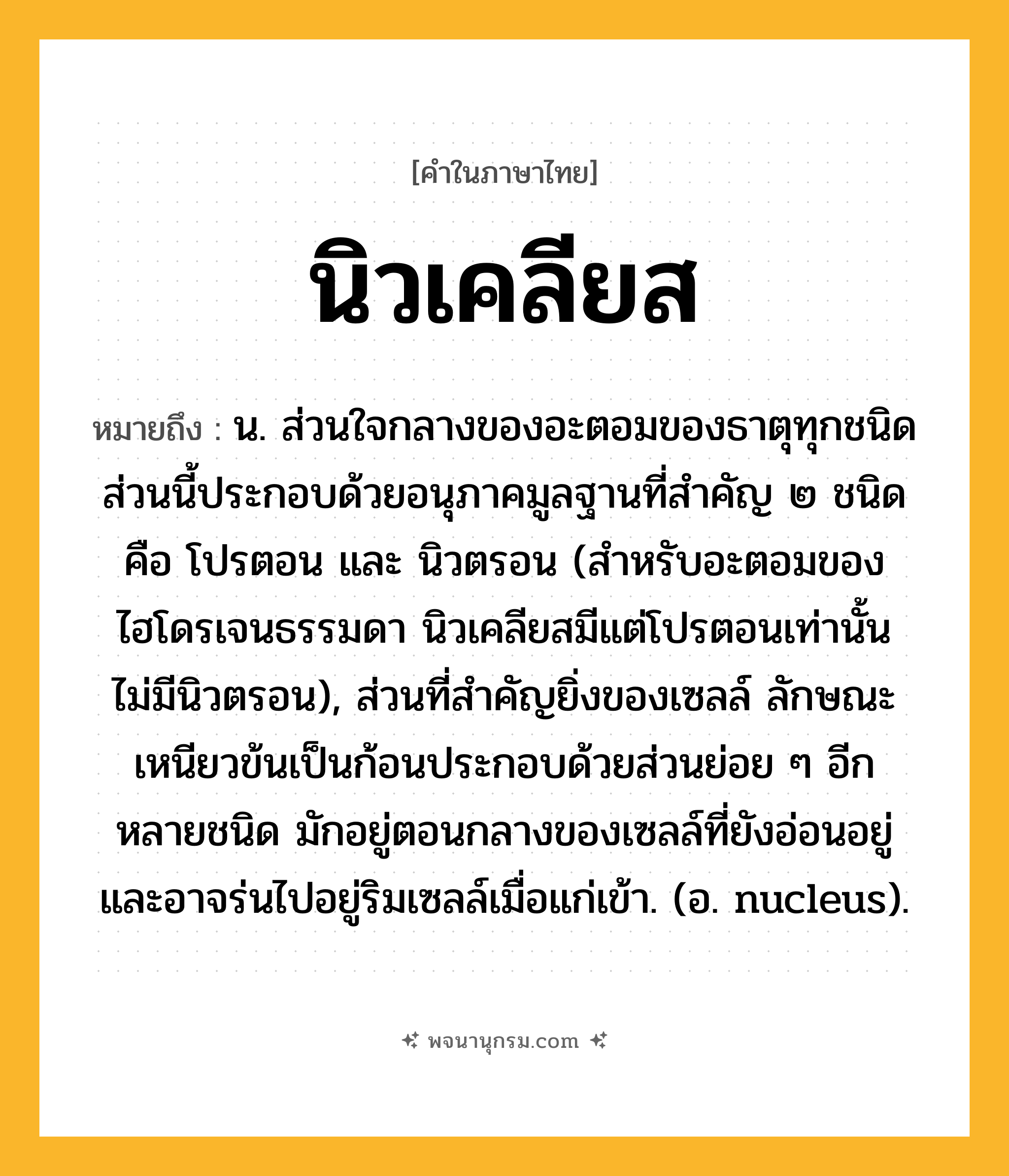 นิวเคลียส ความหมาย หมายถึงอะไร?, คำในภาษาไทย นิวเคลียส หมายถึง น. ส่วนใจกลางของอะตอมของธาตุทุกชนิด ส่วนนี้ประกอบด้วยอนุภาคมูลฐานที่สําคัญ ๒ ชนิด คือ โปรตอน และ นิวตรอน (สําหรับอะตอมของไฮโดรเจนธรรมดา นิวเคลียสมีแต่โปรตอนเท่านั้น ไม่มีนิวตรอน), ส่วนที่สําคัญยิ่งของเซลล์ ลักษณะเหนียวข้นเป็นก้อนประกอบด้วยส่วนย่อย ๆ อีกหลายชนิด มักอยู่ตอนกลางของเซลล์ที่ยังอ่อนอยู่ และอาจร่นไปอยู่ริมเซลล์เมื่อแก่เข้า. (อ. nucleus).