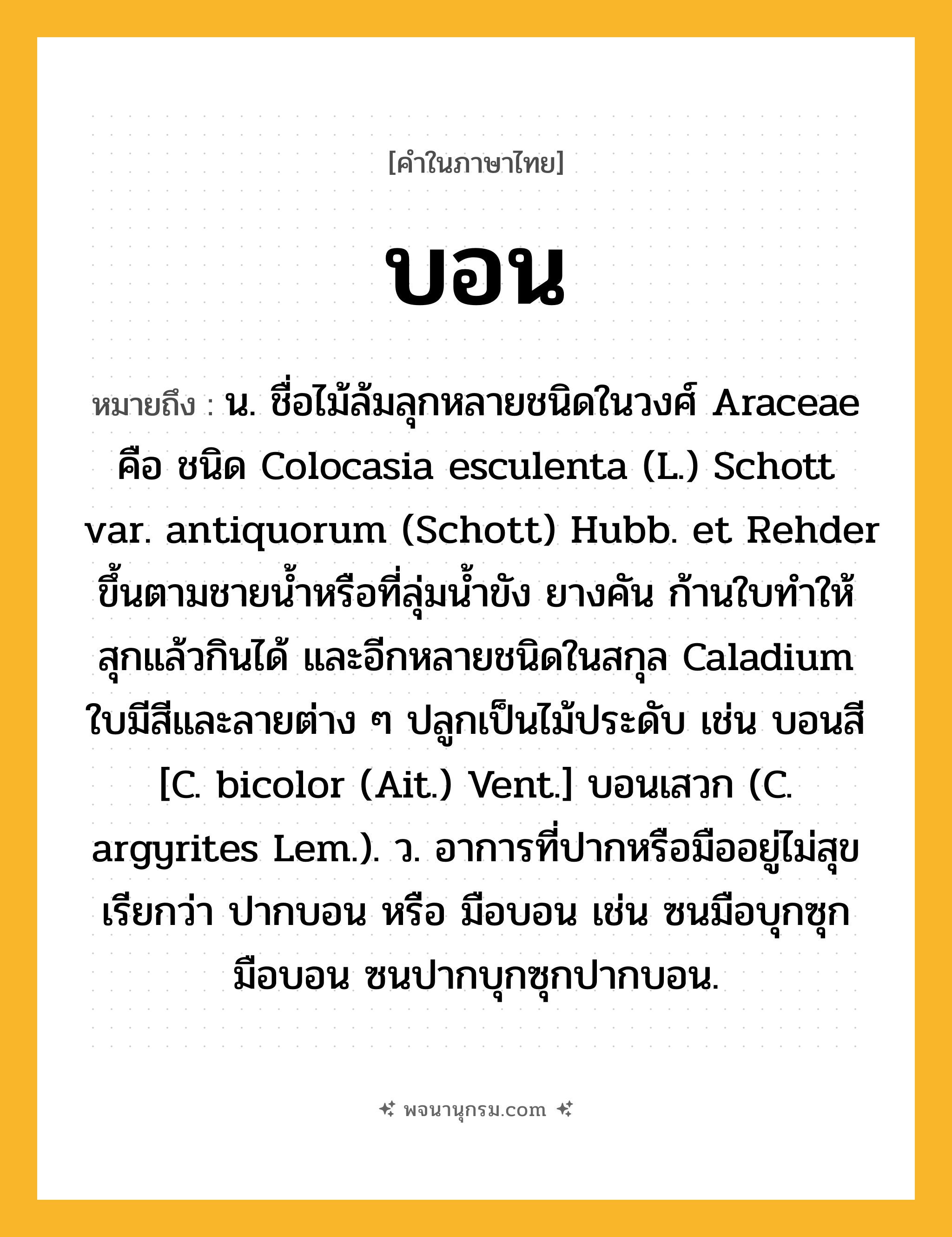 บอน ความหมาย หมายถึงอะไร?, คำในภาษาไทย บอน หมายถึง น. ชื่อไม้ล้มลุกหลายชนิดในวงศ์ Araceae คือ ชนิด Colocasia esculenta (L.) Schott var. antiquorum (Schott) Hubb. et Rehder ขึ้นตามชายนํ้าหรือที่ลุ่มนํ้าขัง ยางคัน ก้านใบทําให้สุกแล้วกินได้ และอีกหลายชนิดในสกุล Caladium ใบมีสีและลายต่าง ๆ ปลูกเป็นไม้ประดับ เช่น บอนสี [C. bicolor (Ait.) Vent.] บอนเสวก (C. argyrites Lem.). ว. อาการที่ปากหรือมืออยู่ไม่สุข เรียกว่า ปากบอน หรือ มือบอน เช่น ซนมือบุกซุกมือบอน ซนปากบุกซุกปากบอน.